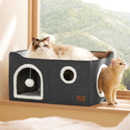 Bedsure Cat Beds for Indoor Cats - Large Cat Cave for Pet Cat House with Fluffy Ball Hanging and Scratch Pad, Foldable Cat Hideaway, 16.5x16.5x13 inches, Grey Gronata