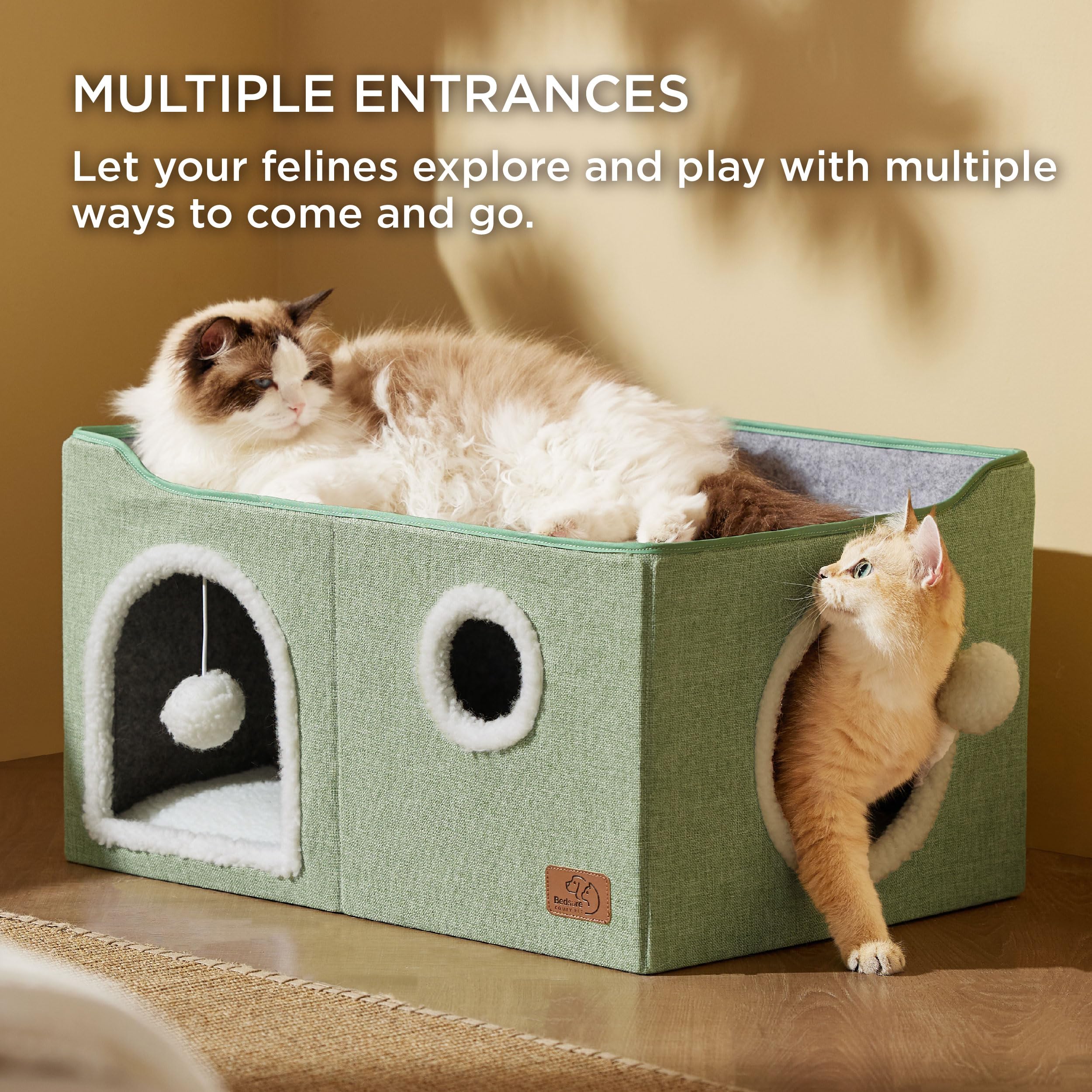 Bedsure Cat Beds for Indoor Cats - Large Cat Cave for Pet Cat House with Fluffy Ball Hanging and Scratch Pad, Foldable Cat Hideaway, 16.5x16.5x13 inches, Grey Gronata
