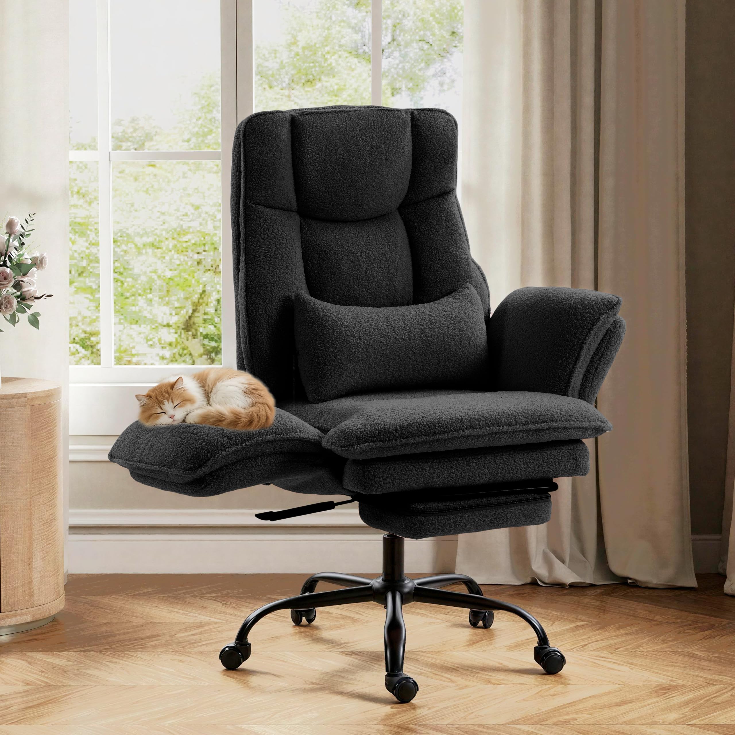 Office Chair,Big and Tall Heavy-Duty Executive Reclining Computer Gaming Chair with Footrest,Flip Armrests,Lumbar Pillow&Thicken Wider Seat for Criss Cross Legged Desk Vanity Chair,Teddy Fabric White Gronata