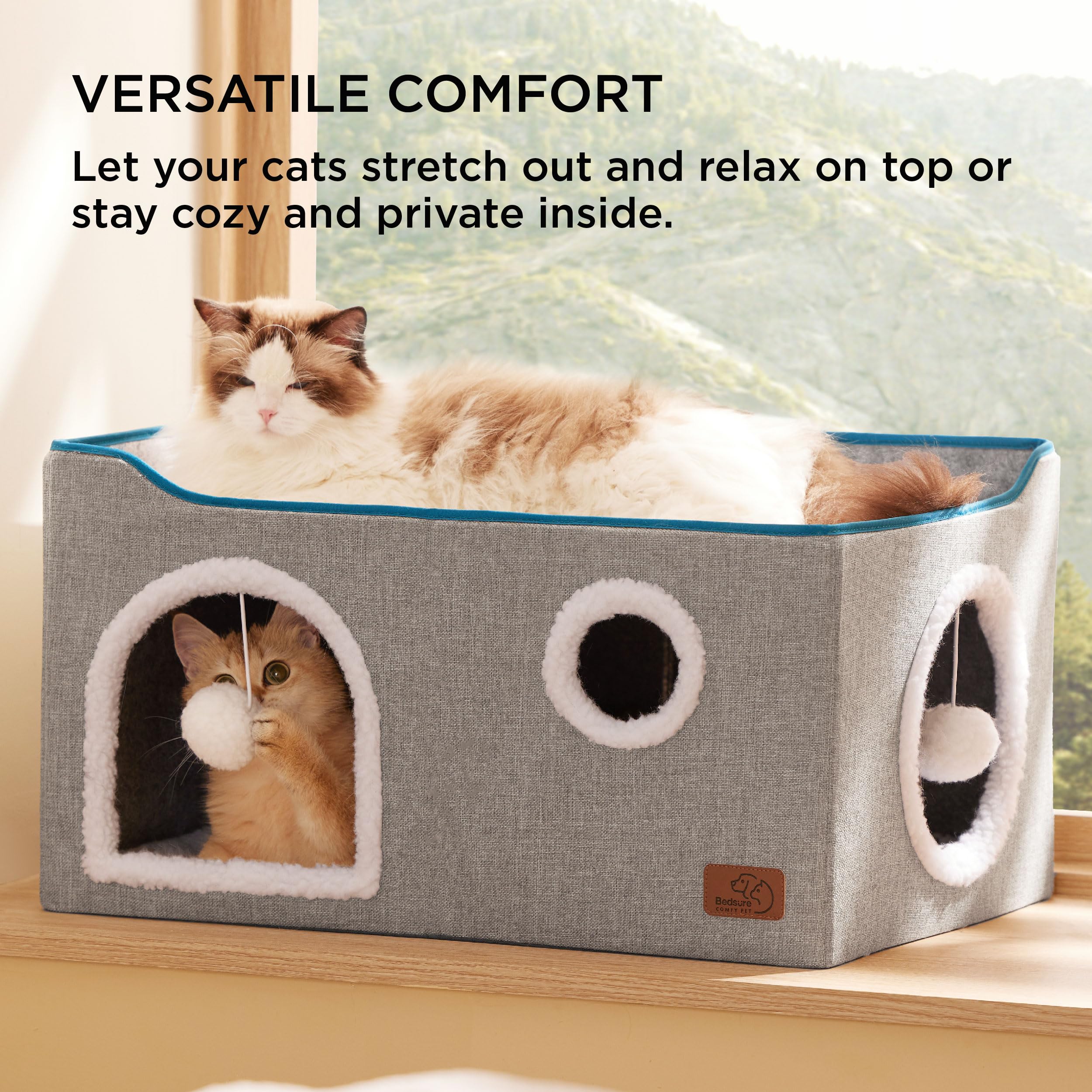 Bedsure Cat Beds for Indoor Cats - Large Cat Cave for Pet Cat House with Fluffy Ball Hanging and Scratch Pad, Foldable Cat Hideaway, 16.5x16.5x13 inches, Grey Gronata