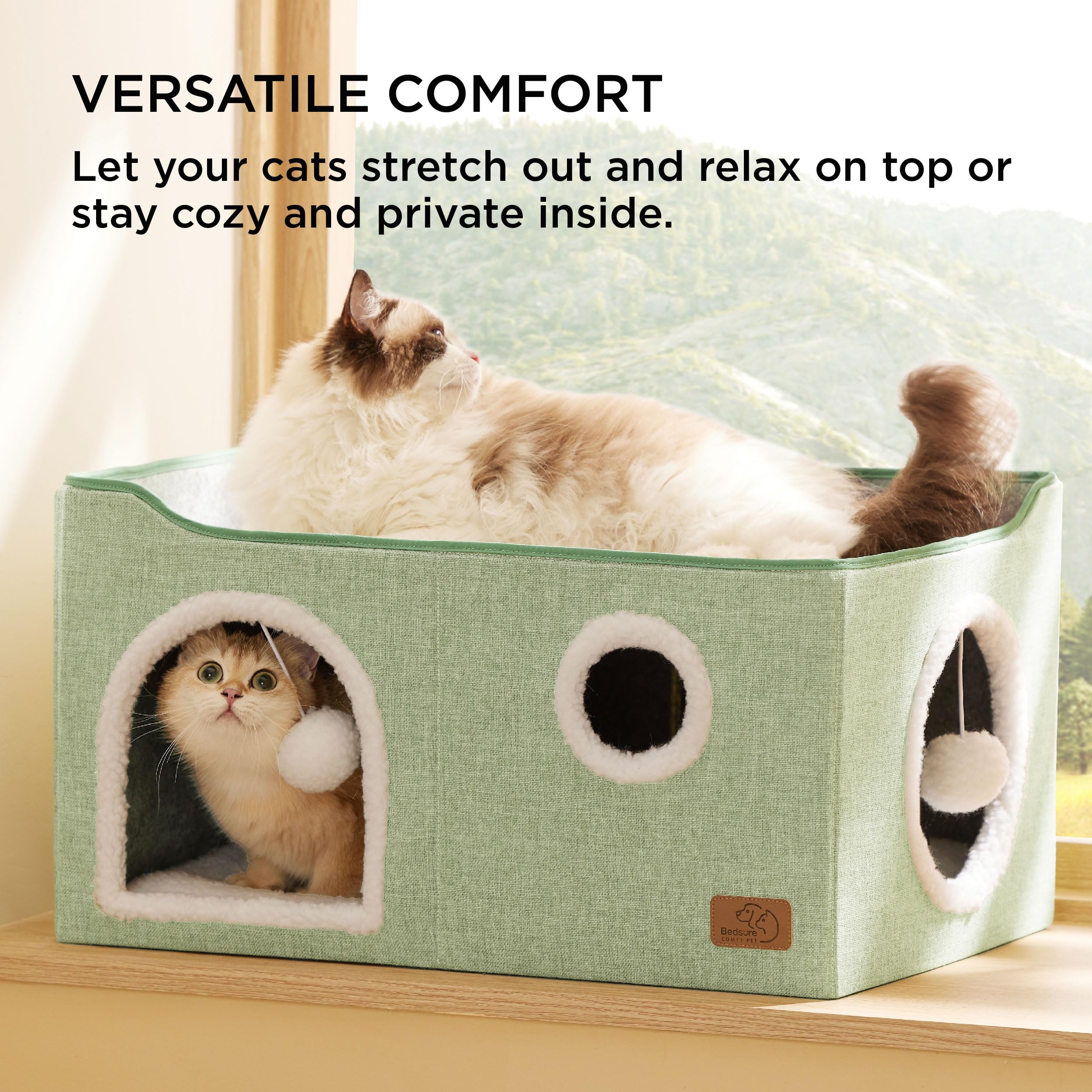 Bedsure Cat Beds for Indoor Cats - Large Cat Cave for Pet Cat House with Fluffy Ball Hanging and Scratch Pad, Foldable Cat Hideaway, 16.5x16.5x13 inches, Grey Gronata