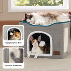 Bedsure Cat Beds for Indoor Cats - Large Cat Cave for Pet Cat House with Fluffy Ball Hanging and Scratch Pad, Foldable Cat Hideaway, 16.5x16.5x13 inches, Grey Gronata