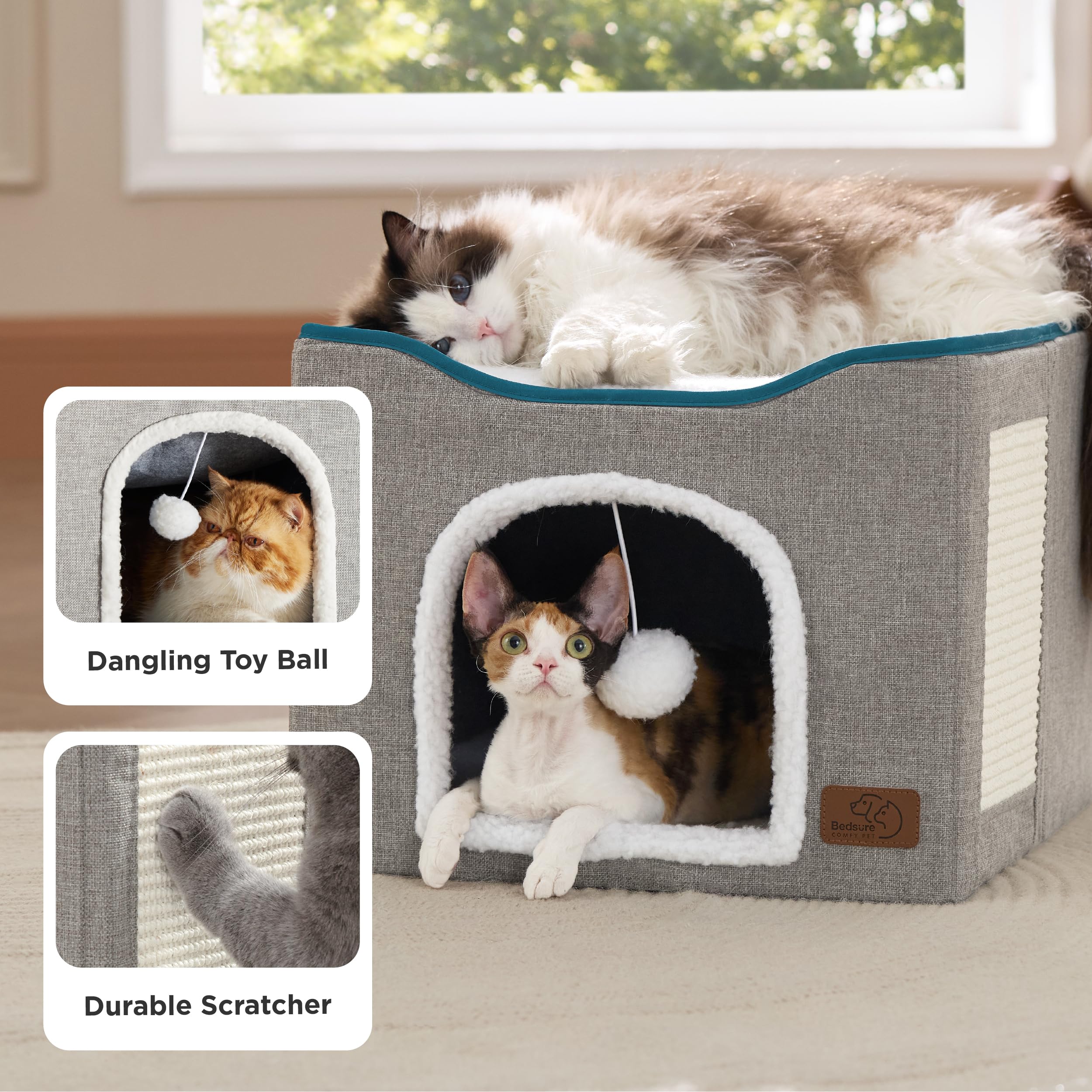 Bedsure Cat Beds for Indoor Cats - Large Cat Cave for Pet Cat House with Fluffy Ball Hanging and Scratch Pad, Foldable Cat Hideaway, 16.5x16.5x13 inches, Grey Gronata