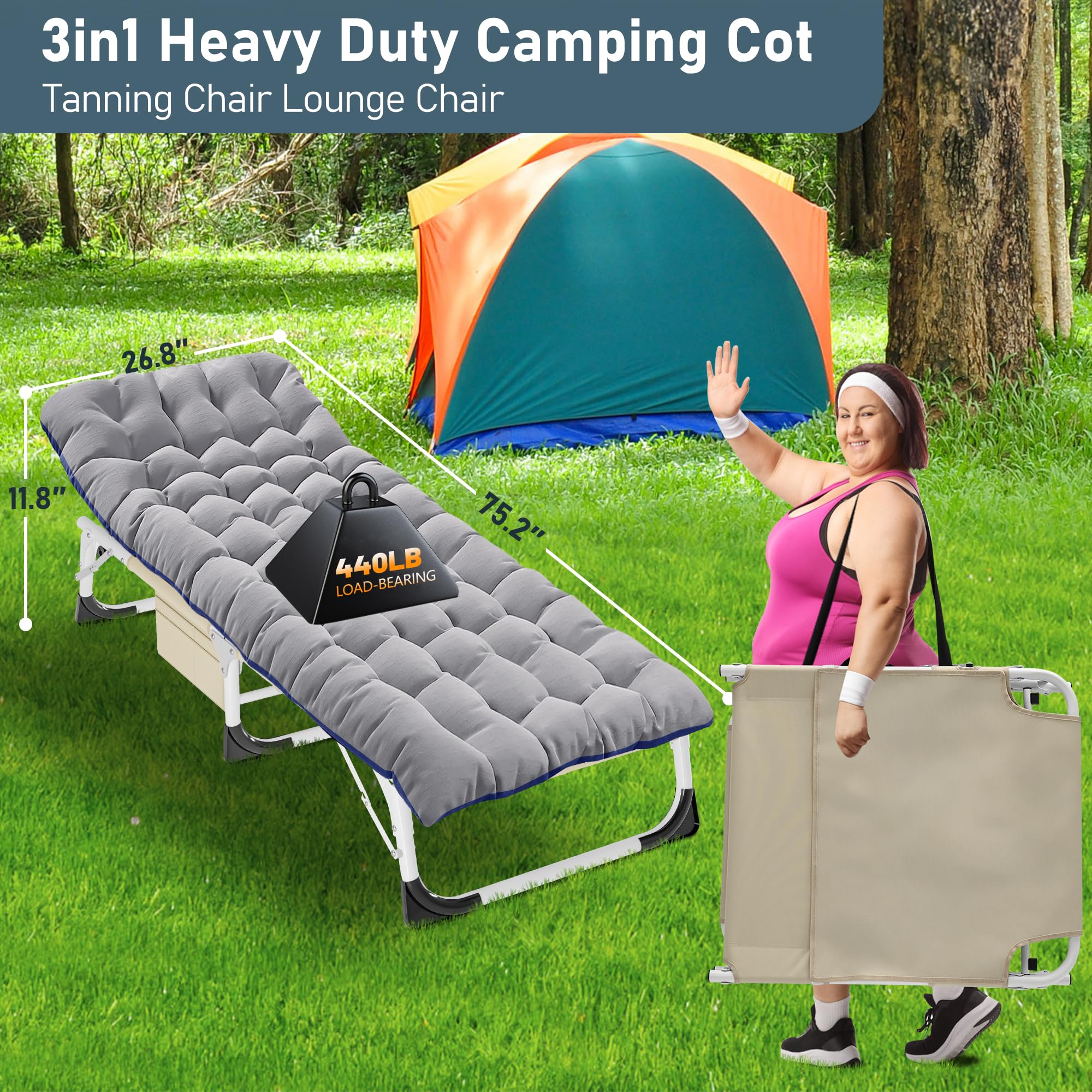 DoCred Heavy Duty Chaise Lounge Chair, Adjustable 5-Position Folding Chaise Lounge Chairs for Outside, Portable Lay Flat Beach Lounge Chair for Outdoor Sunbathing Beach Pool Lawn Camping Gronata