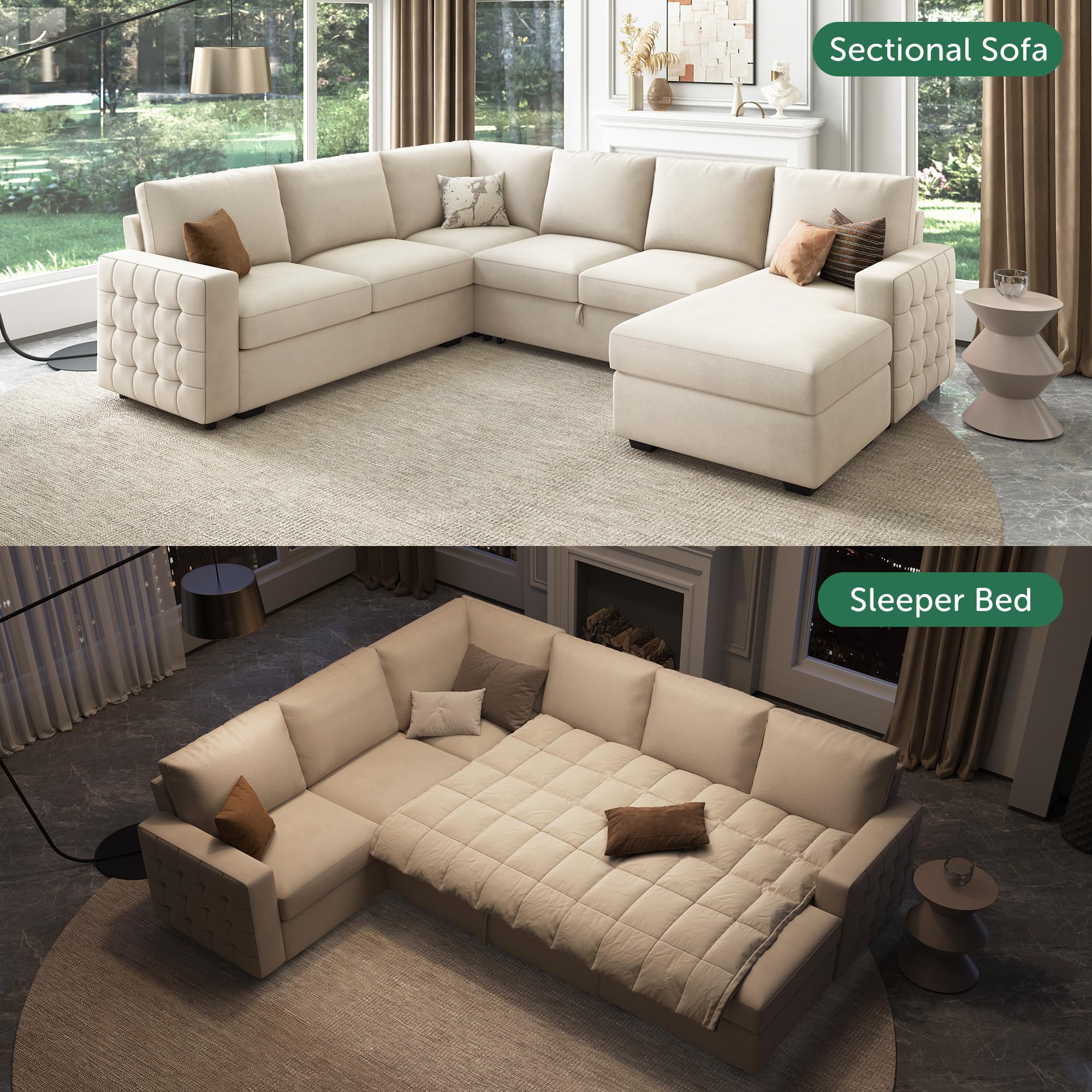 HONBAY Sectional Sleeper Sofa with Pull Out Bed U-Shape Sectional Couch Sleeper Bed with Storage Chaise 6 Seater Sleeper Sectional Sofa, Light Grey Gronata