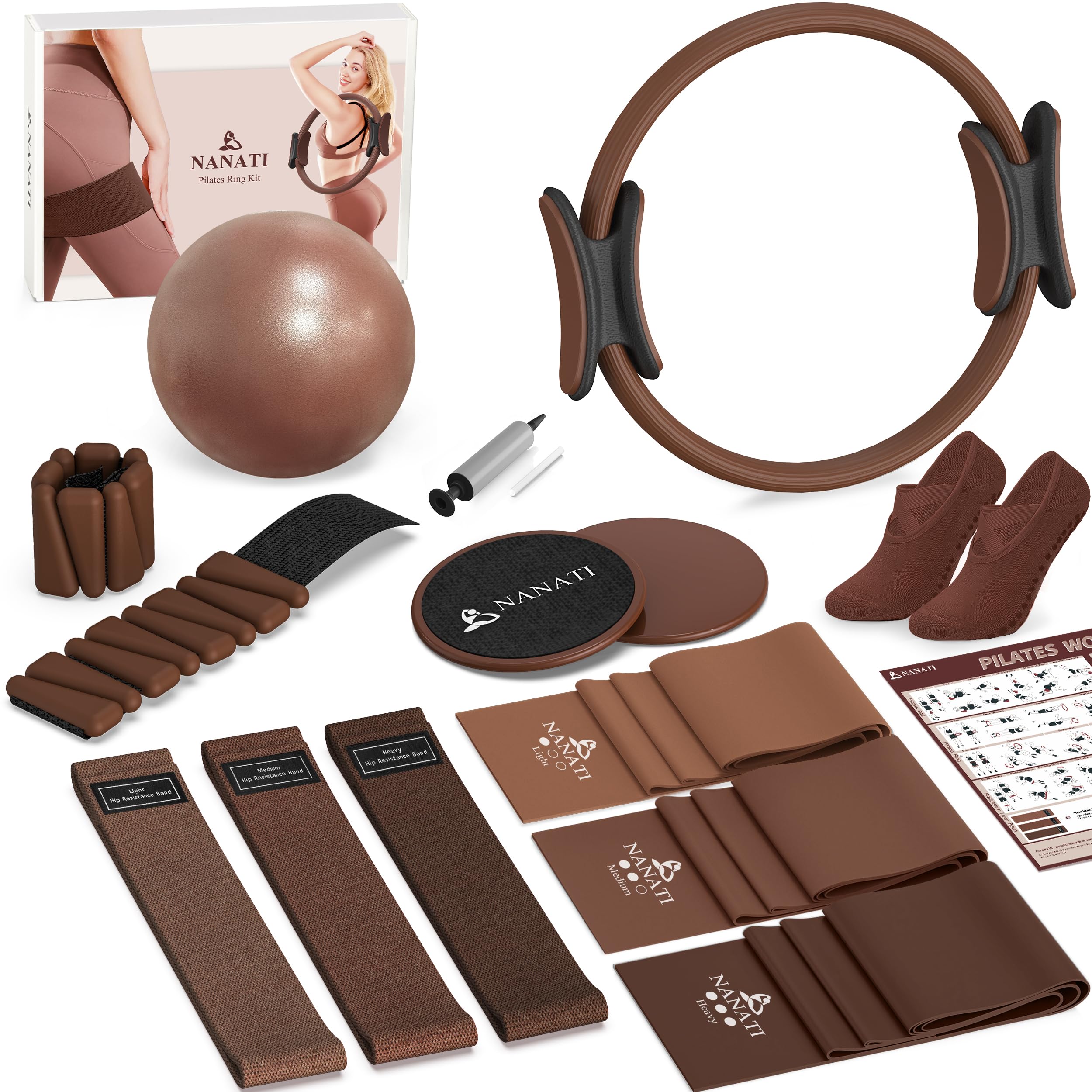 NANATI Pilates Kit 19PCS,Pilates Essentials Kit for Women,Pilates Equipment with 14.5" Pilates Ring and Ball,8 Resistance Bands,Ankle Weights,Sliders & Grip Socks Accessories for Starter Home Workouts Gronata