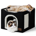 Bedsure Cat Beds for Indoor Cats - Large Cat Cave for Pet Cat House with Fluffy Ball Hanging and Scratch Pad, Foldable Cat Hideaway, 16.5x16.5x13 inches, Grey Gronata