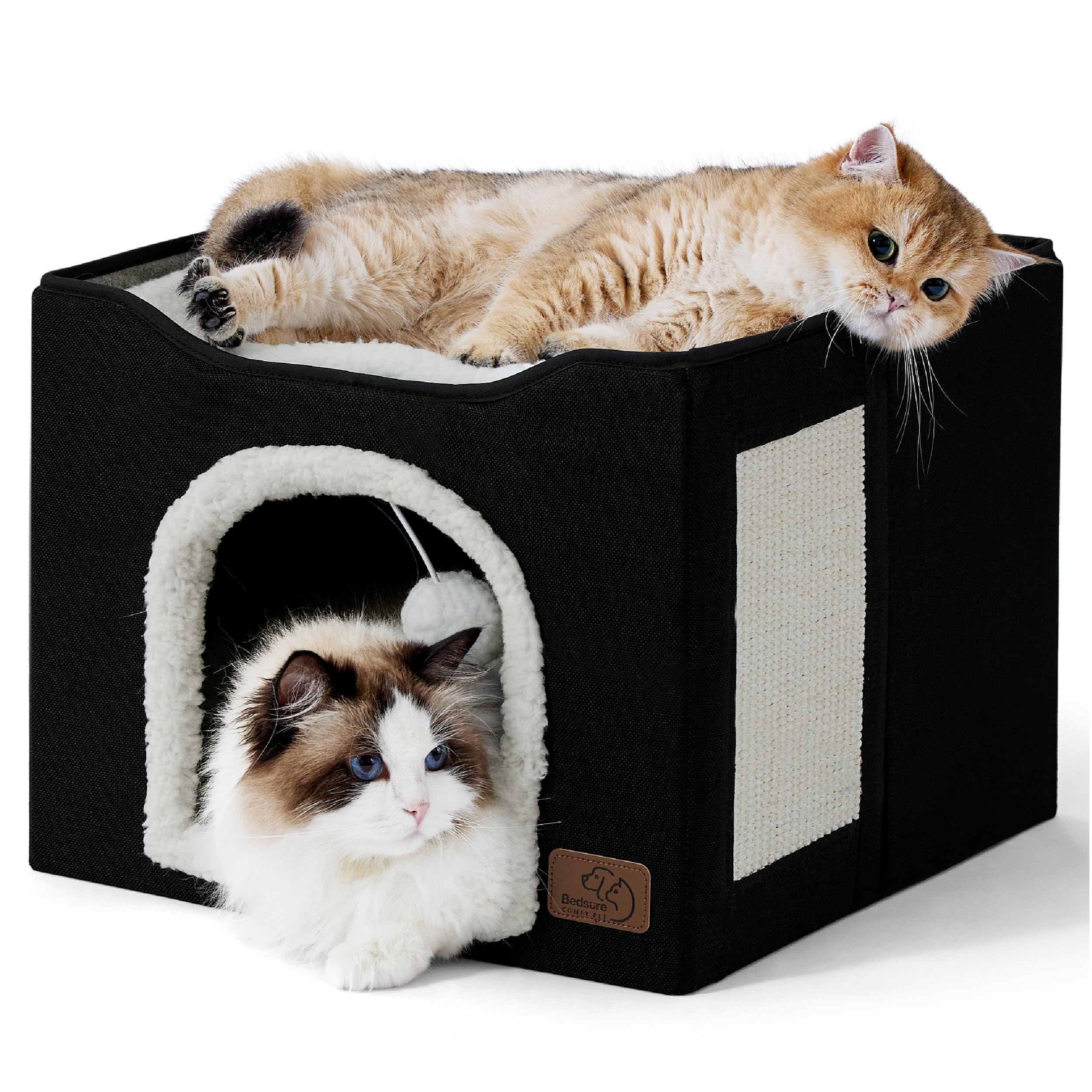 Bedsure Cat Beds for Indoor Cats - Large Cat Cave for Pet Cat House with Fluffy Ball Hanging and Scratch Pad, Foldable Cat Hideaway, 16.5x16.5x13 inches, Grey Gronata