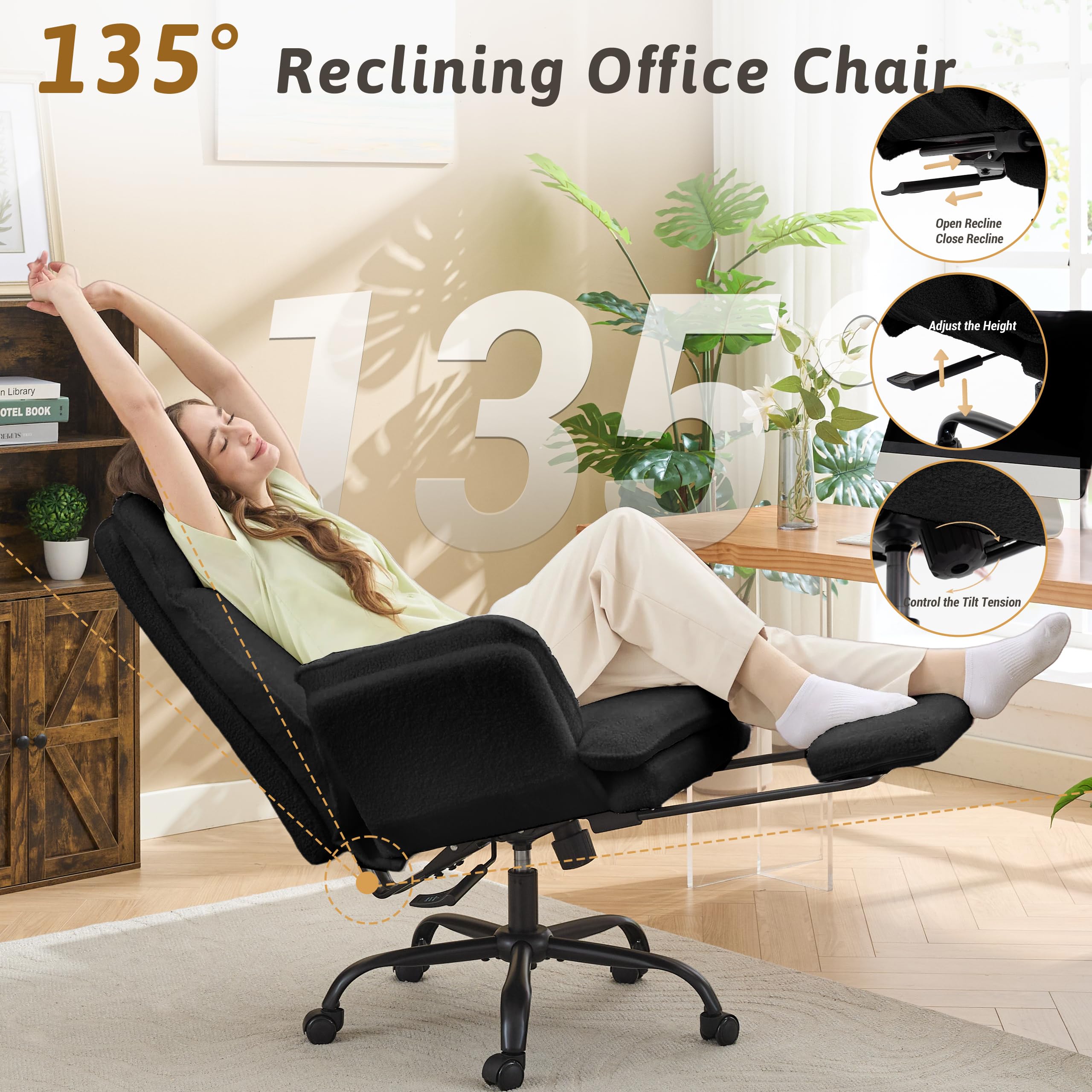 Office Chair,Big and Tall Heavy-Duty Executive Reclining Computer Gaming Chair with Footrest,Flip Armrests,Lumbar Pillow&Thicken Wider Seat for Criss Cross Legged Desk Vanity Chair,Teddy Fabric White Gronata