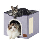 Bedsure Cat Beds for Indoor Cats - Large Cat Cave for Pet Cat House with Fluffy Ball Hanging and Scratch Pad, Foldable Cat Hideaway, 16.5x16.5x13 inches, Grey Gronata