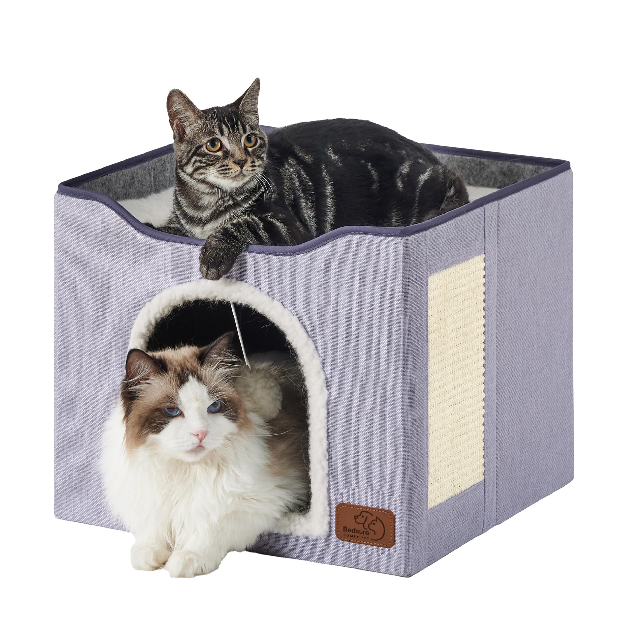 Bedsure Cat Beds for Indoor Cats - Large Cat Cave for Pet Cat House with Fluffy Ball Hanging and Scratch Pad, Foldable Cat Hideaway, 16.5x16.5x13 inches, Grey Gronata