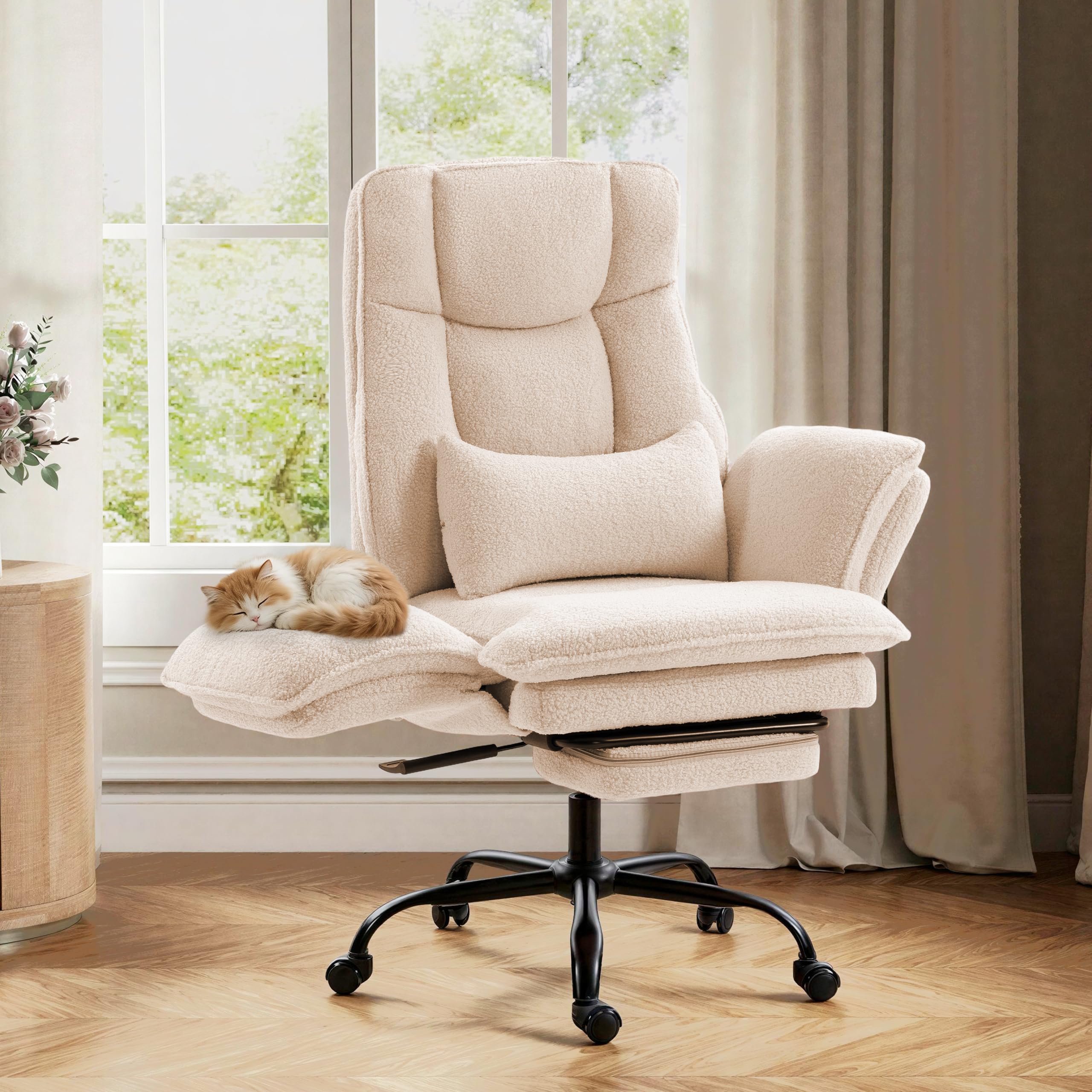 Office Chair,Big and Tall Heavy-Duty Executive Reclining Computer Gaming Chair with Footrest,Flip Armrests,Lumbar Pillow&Thicken Wider Seat for Criss Cross Legged Desk Vanity Chair,Teddy Fabric White Gronata