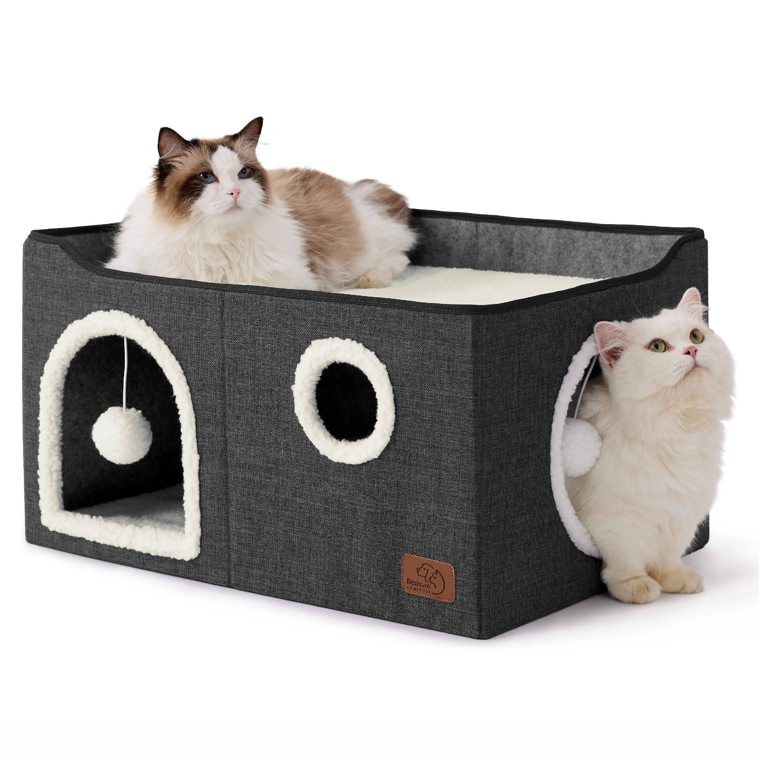 Bedsure Cat Beds for Indoor Cats - Large Cat Cave for Pet Cat House with Fluffy Ball Hanging and Scratch Pad, Foldable Cat Hideaway, 16.5x16.5x13 inches, Grey Gronata