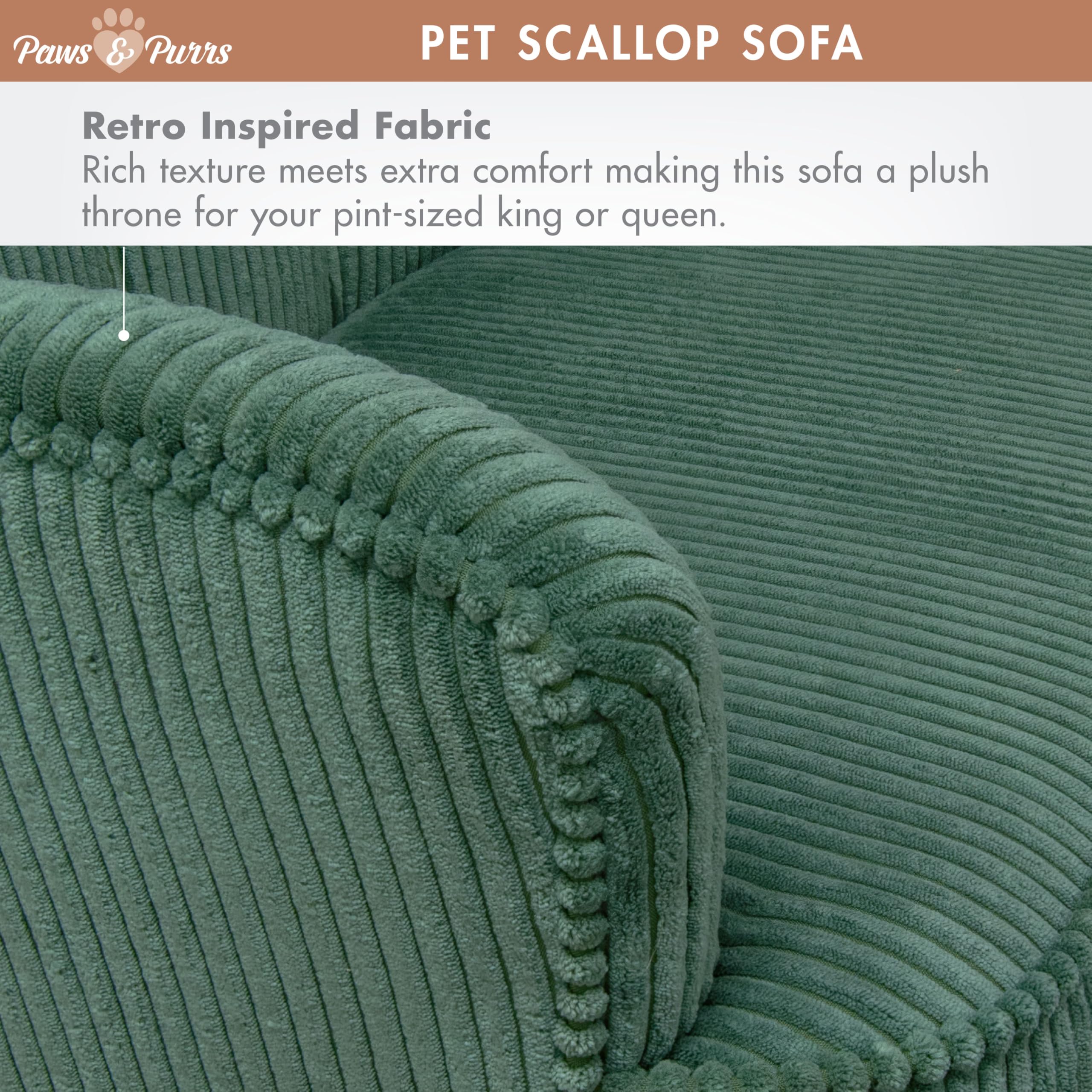 Paws & Purrs Retro Scalloped Back Sofa Style Pet Bed, Dog & Cat Couch with Tufted Cushion & Armrest, Stylish Indoor Pet Furniture, Sage Gronata