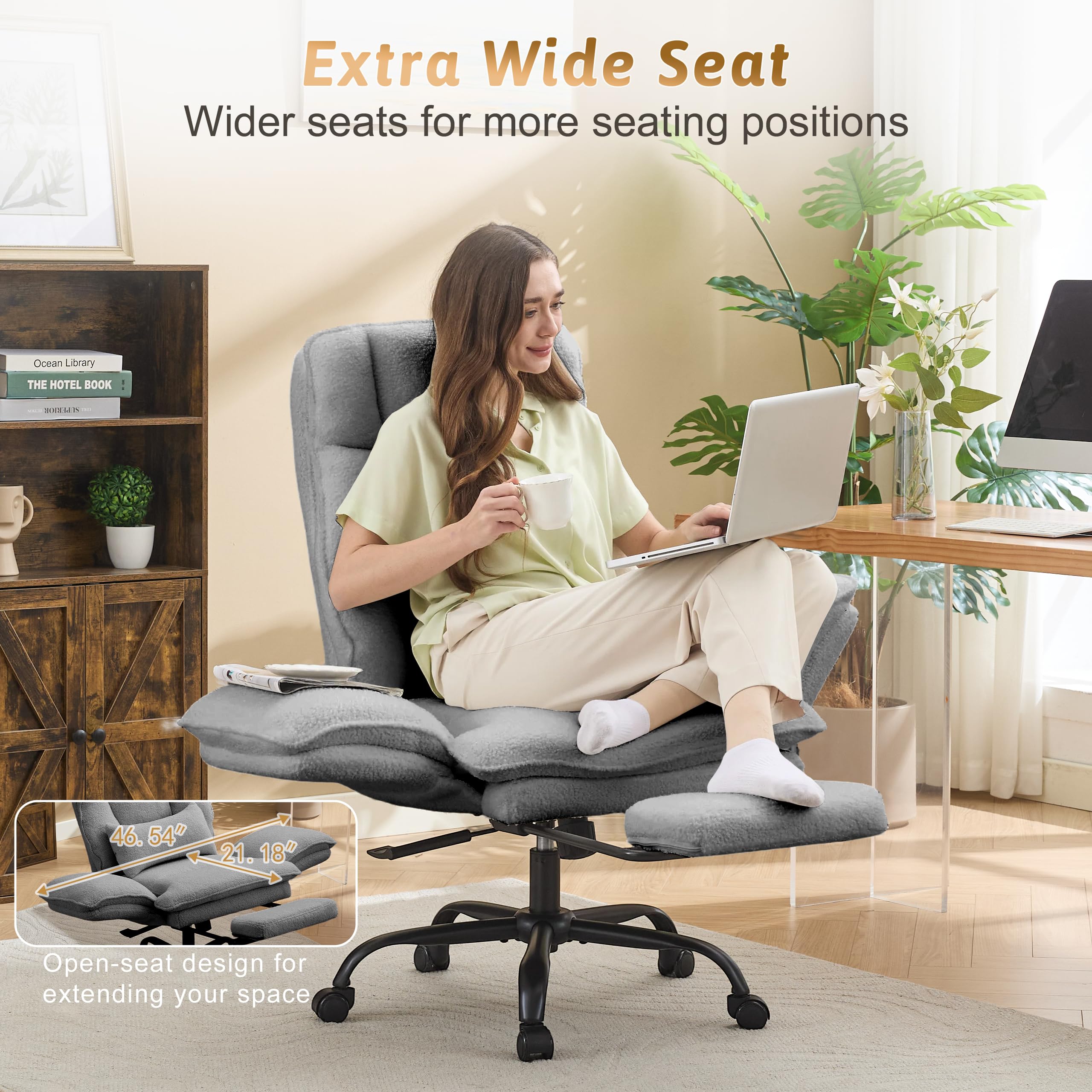 Office Chair,Big and Tall Heavy-Duty Executive Reclining Computer Gaming Chair with Footrest,Flip Armrests,Lumbar Pillow&Thicken Wider Seat for Criss Cross Legged Desk Vanity Chair,Teddy Fabric White Gronata