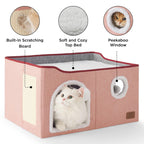 Bedsure Cat Beds for Indoor Cats - Large Cat Cave for Pet Cat House with Fluffy Ball Hanging and Scratch Pad, Foldable Cat Hideaway, 16.5x16.5x13 inches, Grey Gronata