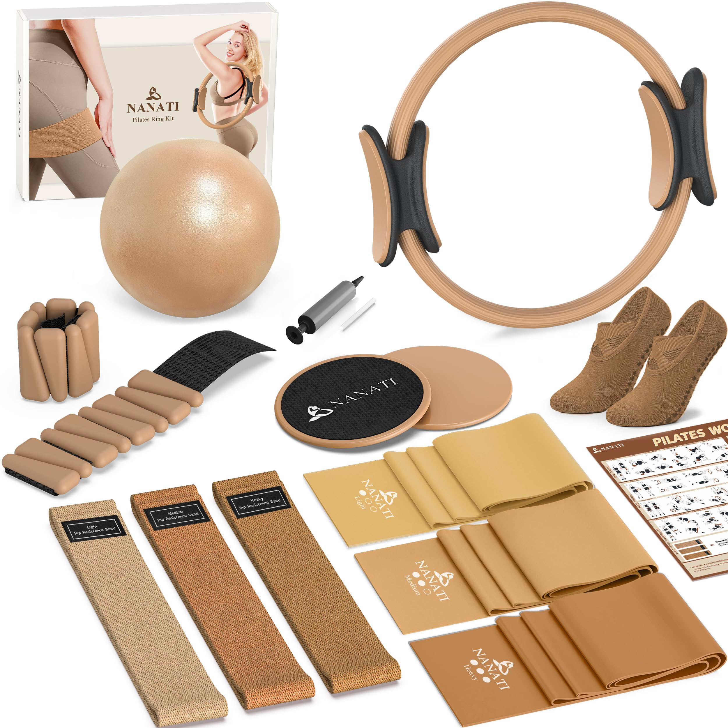 NANATI Pilates Kit 19PCS,Pilates Essentials Kit for Women,Pilates Equipment with 14.5" Pilates Ring and Ball,8 Resistance Bands,Ankle Weights,Sliders & Grip Socks Accessories for Starter Home Workouts Gronata