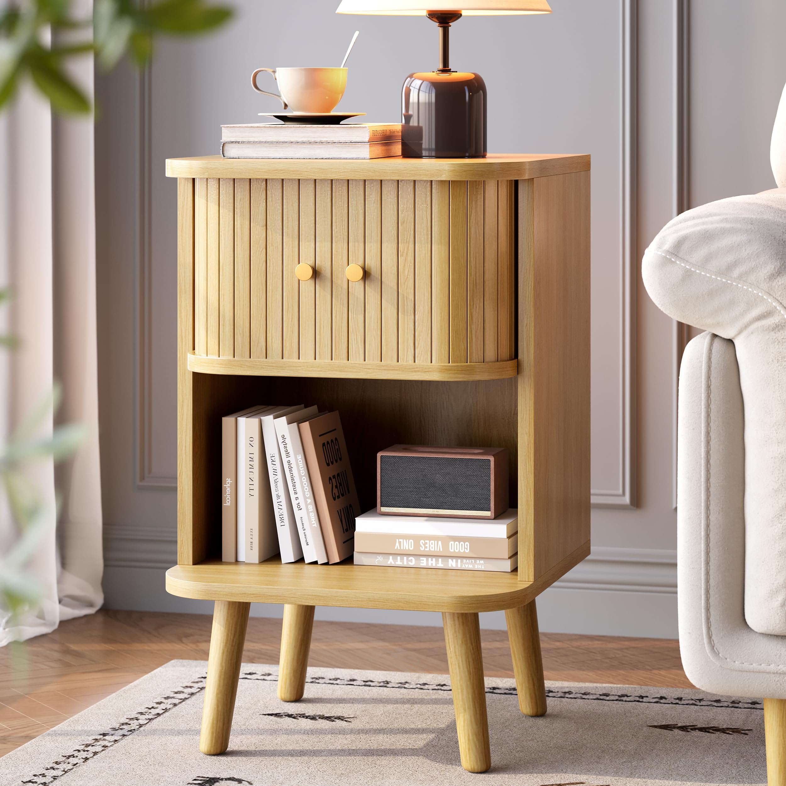 Decofy Fluted Nightstand Set of 2, Mid Century Modern Bedside Table with Charging Station, Walnut End Tables with Sliding Tambour Doors, Storage Cabinet and Open Shelf for Bedroom, Walnut Gronata
