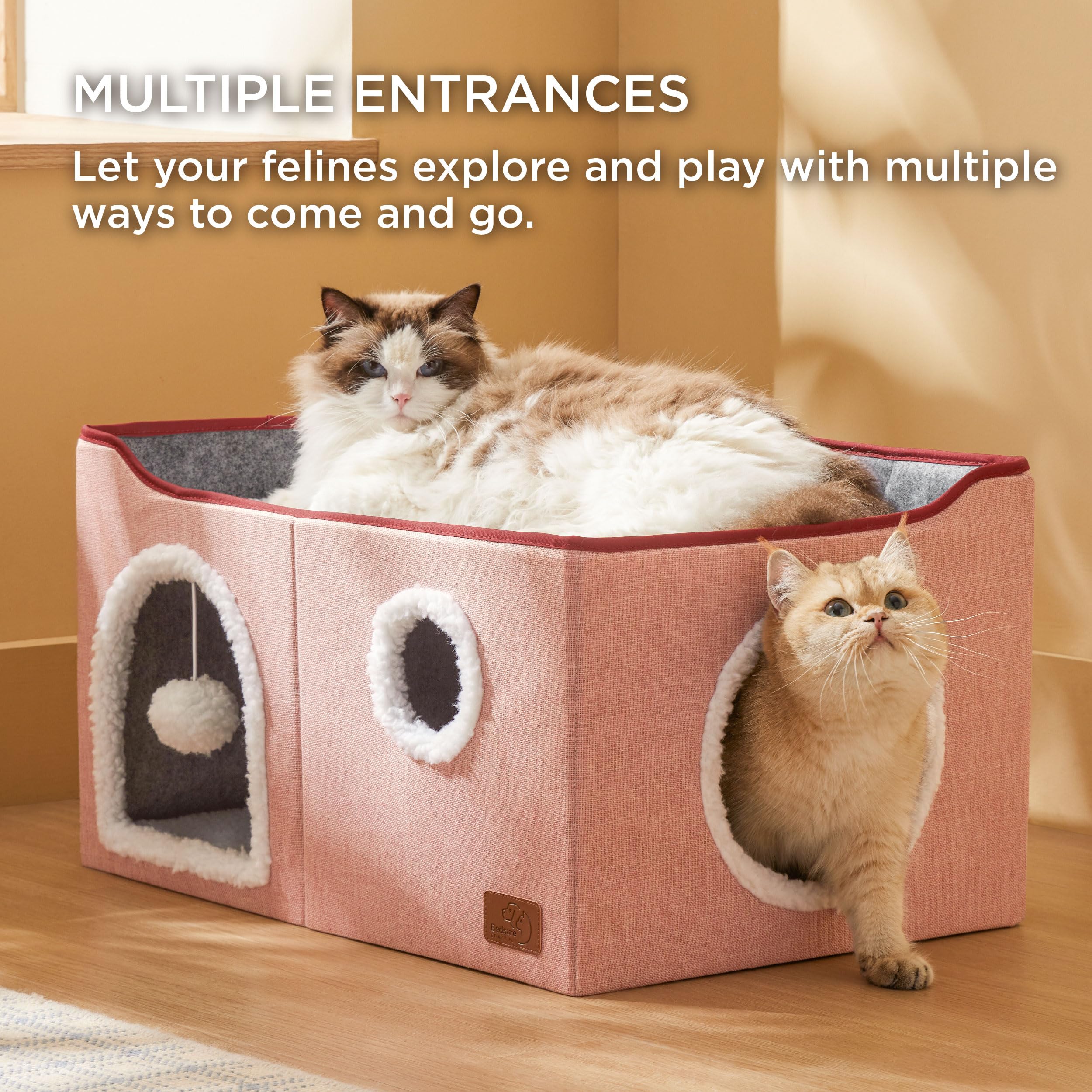 Bedsure Cat Beds for Indoor Cats - Large Cat Cave for Pet Cat House with Fluffy Ball Hanging and Scratch Pad, Foldable Cat Hideaway, 16.5x16.5x13 inches, Grey Gronata