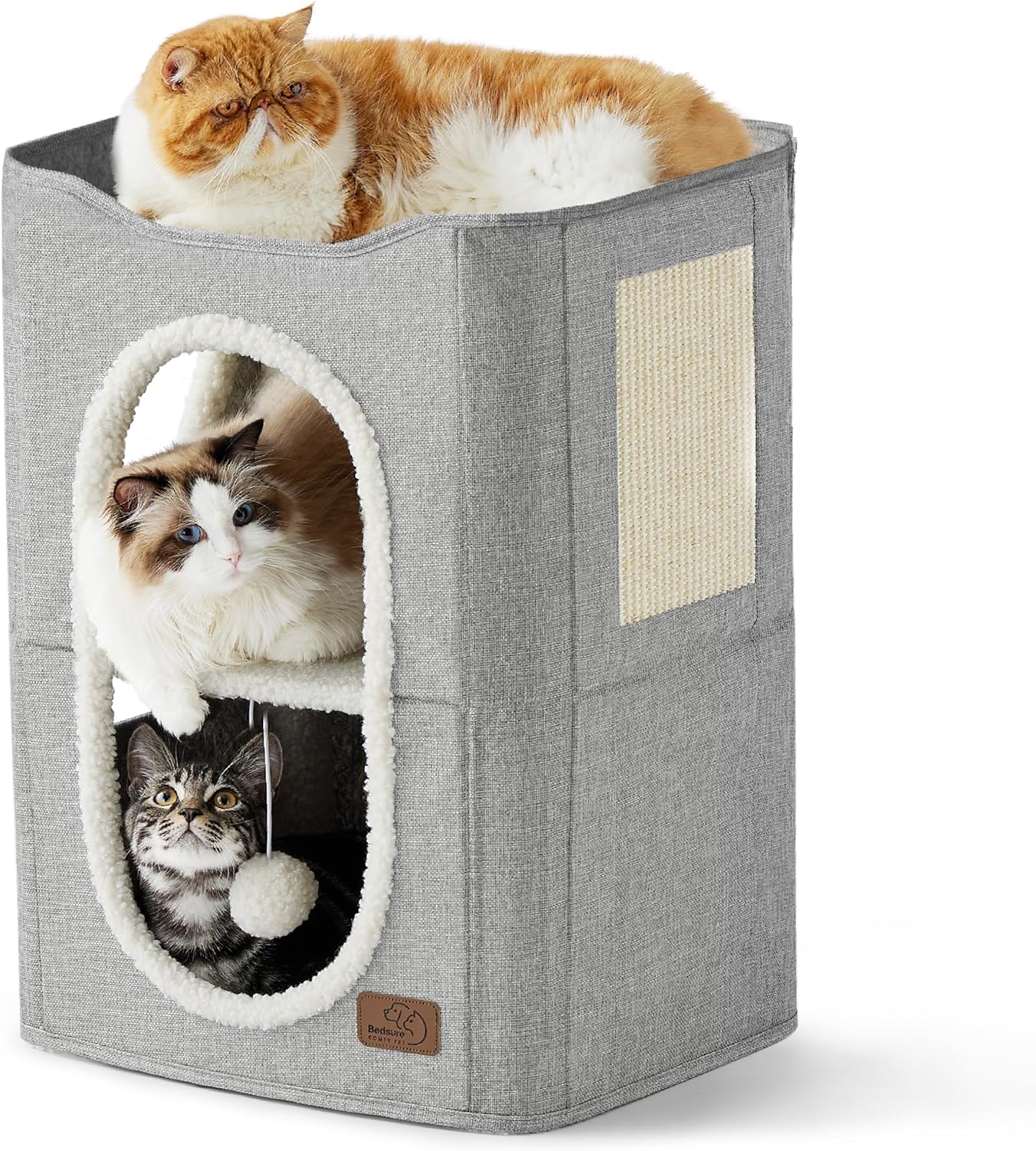 Bedsure Cat Beds for Indoor Cats - Large Cat Cave for Pet Cat House with Fluffy Ball Hanging and Scratch Pad, Foldable Cat Hideaway, 16.5x16.5x13 inches Gronata