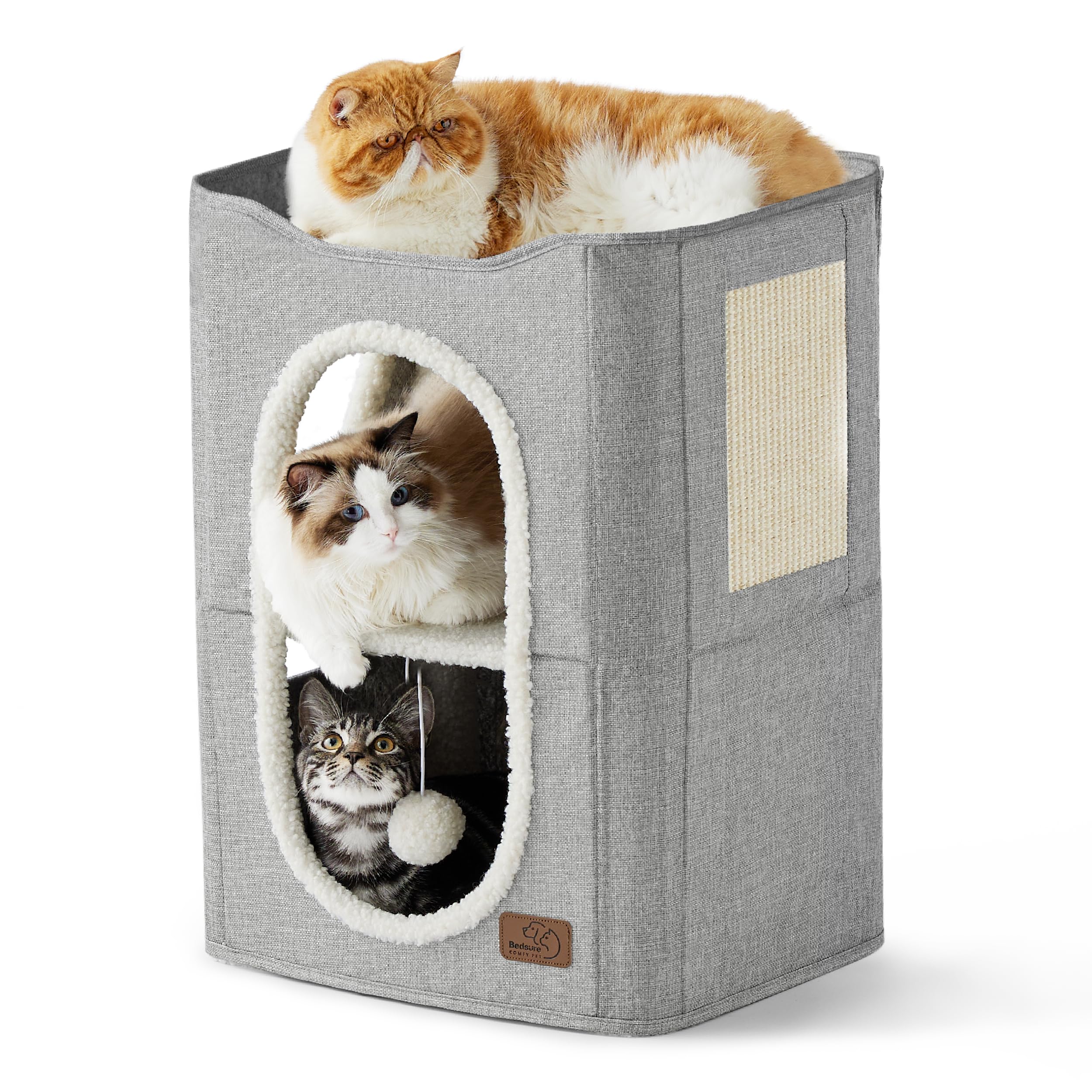 Bedsure Cat Beds for Indoor Cats - Large Cat Cave for Pet Cat House with Fluffy Ball Hanging and Scratch Pad, Foldable Cat Hideaway, 16.5x16.5x13 inches, Grey Gronata