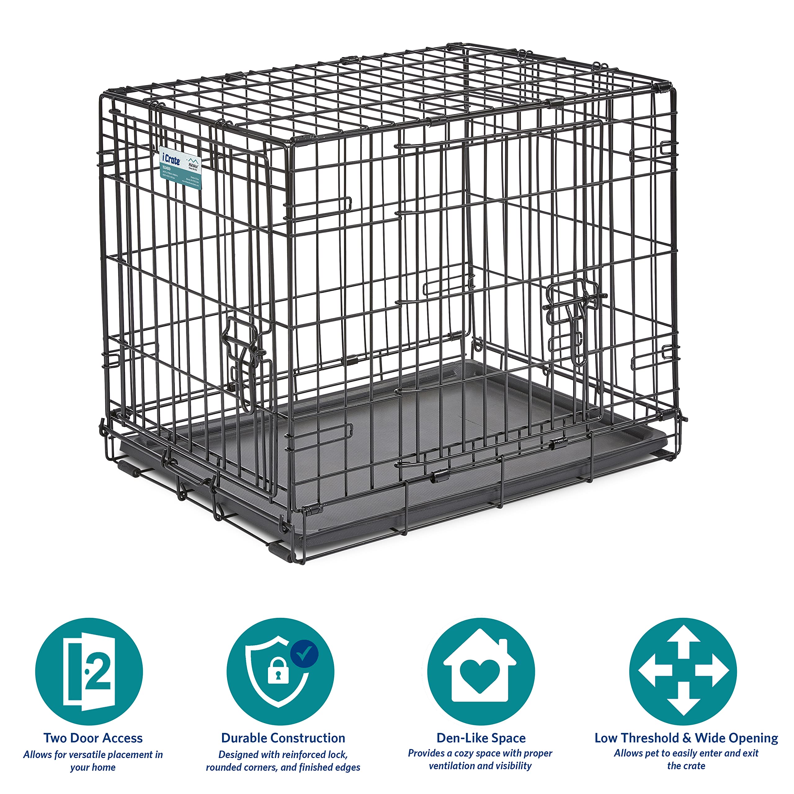 MidWest Homes for Pets 30-Inch iCrate for Medium Breeds, 21-40 lbs, Single Door Folding Dog Crate with Divider Panel, Leak-Proof Tray & Secure Latch, Portable, Durable & Easy to Assemble Gronata