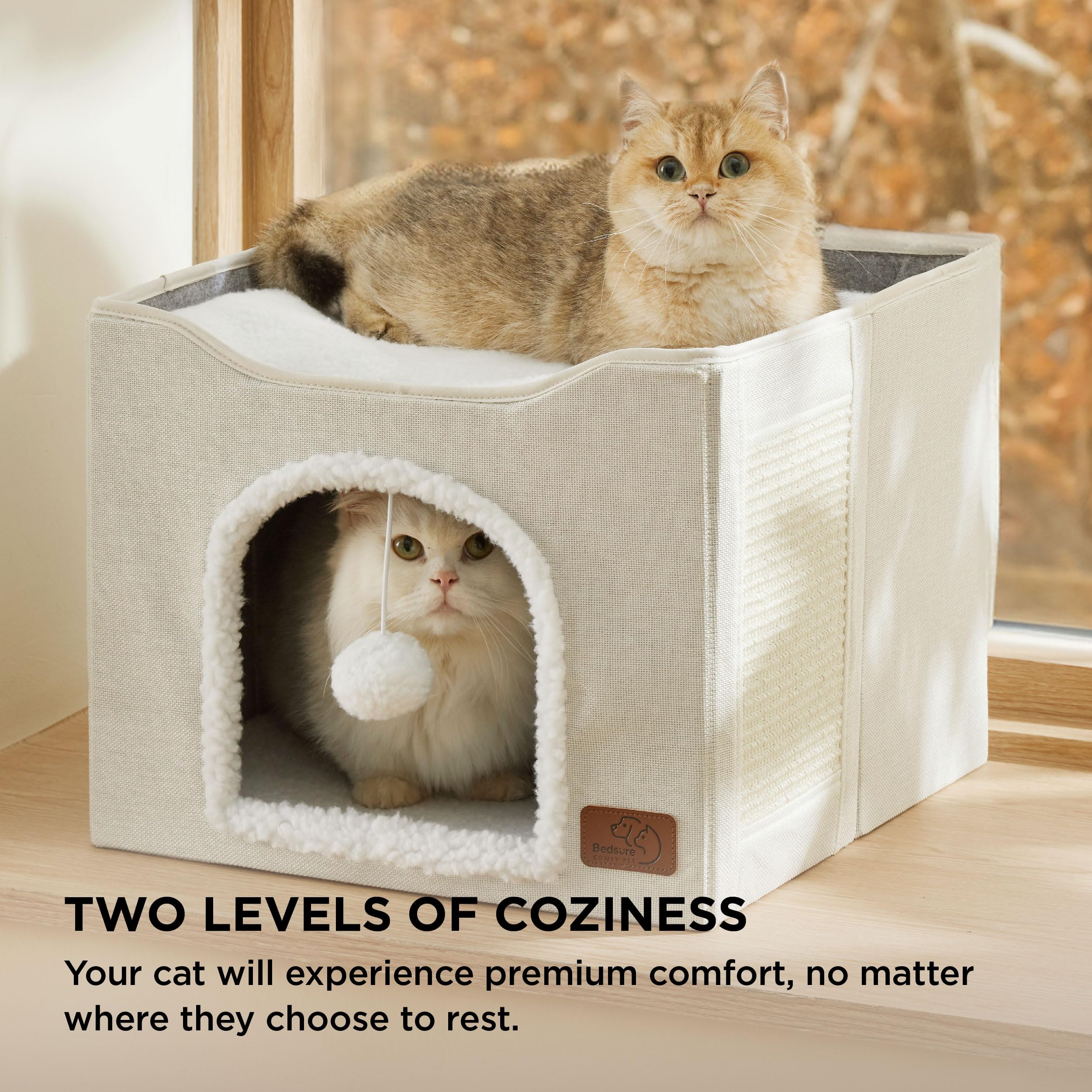 Bedsure Cat Beds for Indoor Cats - Large Cat Cave for Pet Cat House with Fluffy Ball Hanging and Scratch Pad, Foldable Cat Hideaway, 16.5x16.5x13 inches, Grey Gronata