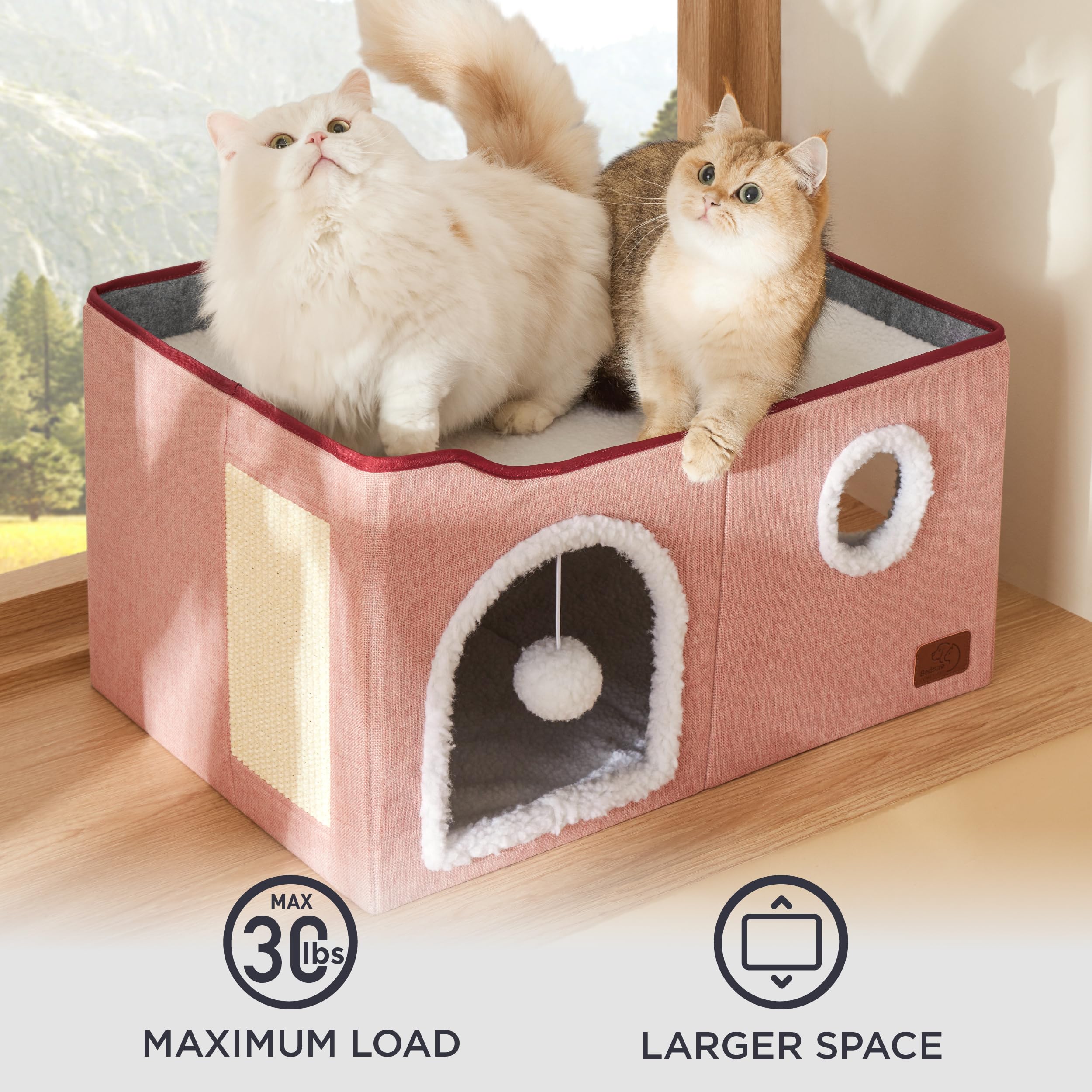 Bedsure Cat Beds for Indoor Cats - Large Cat Cave for Pet Cat House with Fluffy Ball Hanging and Scratch Pad, Foldable Cat Hideaway, 16.5x16.5x13 inches, Grey Gronata