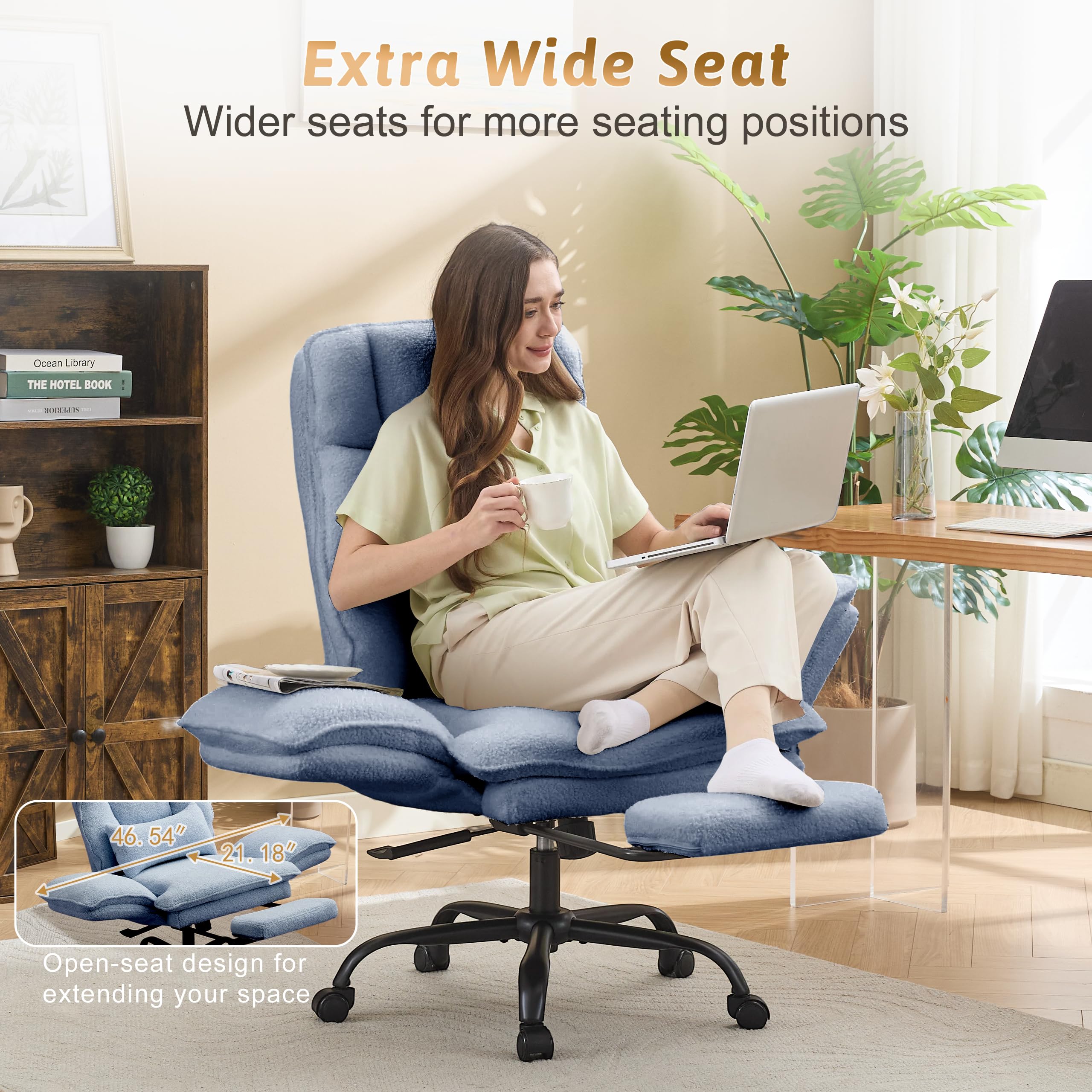 Office Chair,Big and Tall Heavy-Duty Executive Reclining Computer Gaming Chair with Footrest,Flip Armrests,Lumbar Pillow&Thicken Wider Seat for Criss Cross Legged Desk Vanity Chair,Teddy Fabric White Gronata