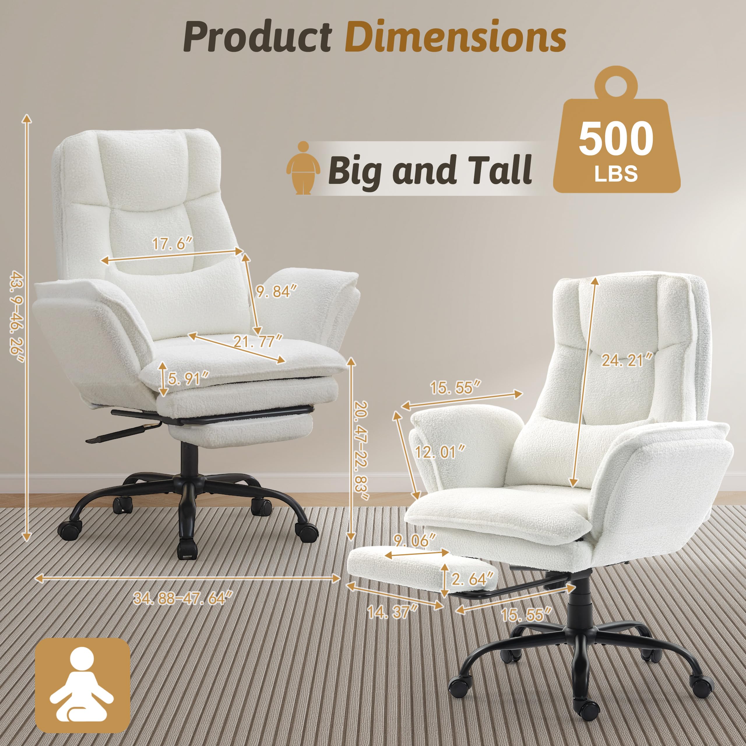 Office Chair,Big and Tall Heavy-Duty Executive Reclining Computer Gaming Chair with Footrest,Flip Armrests,Lumbar Pillow&Thicken Wider Seat for Criss Cross Legged Desk Vanity Chair,Teddy Fabric White Gronata