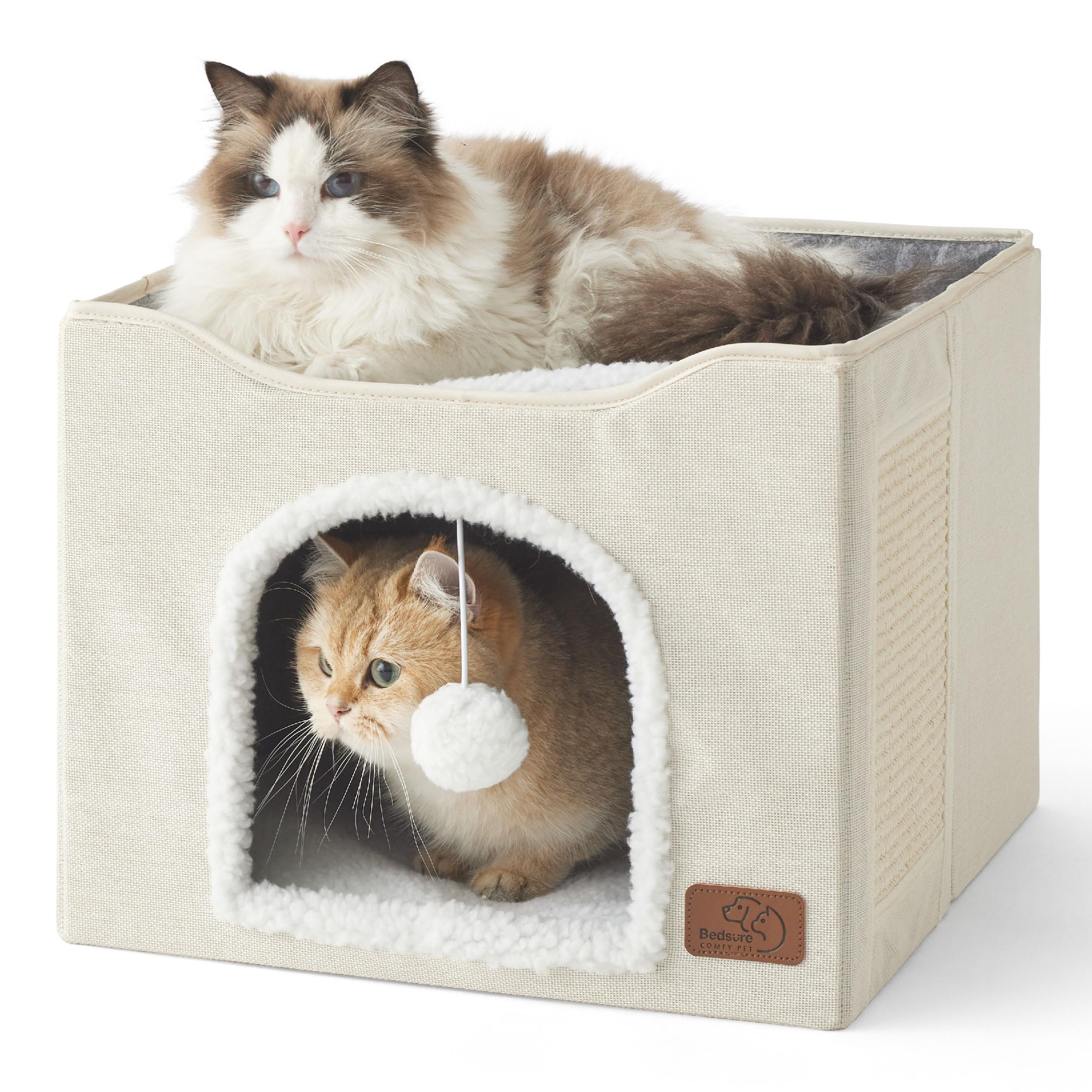 Bedsure Cat Beds for Indoor Cats - Large Cat Cave for Pet Cat House with Fluffy Ball Hanging and Scratch Pad, Foldable Cat Hideaway, 16.5x16.5x13 inches, Grey Gronata