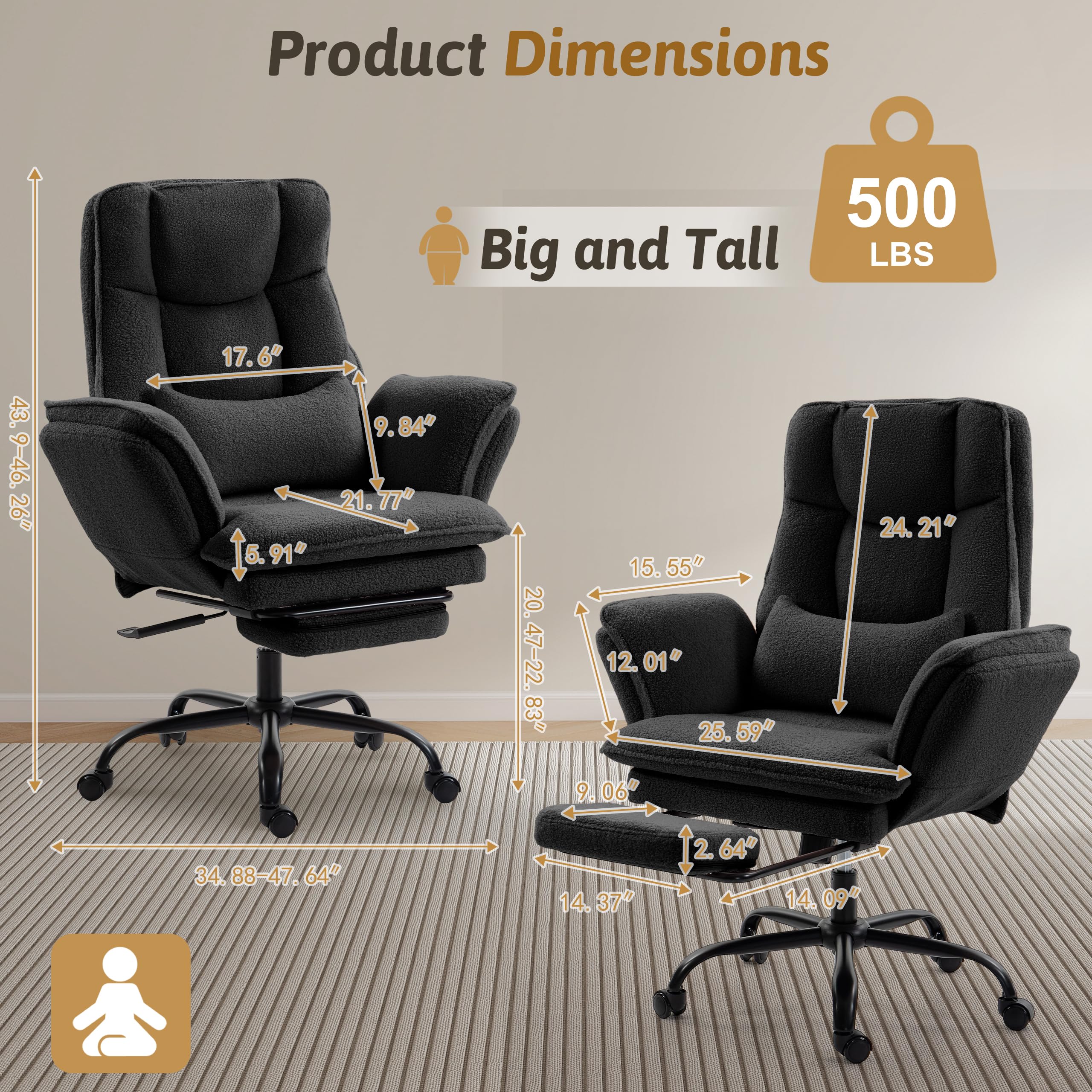 Office Chair,Big and Tall Heavy-Duty Executive Reclining Computer Gaming Chair with Footrest,Flip Armrests,Lumbar Pillow&Thicken Wider Seat for Criss Cross Legged Desk Vanity Chair,Teddy Fabric White Gronata