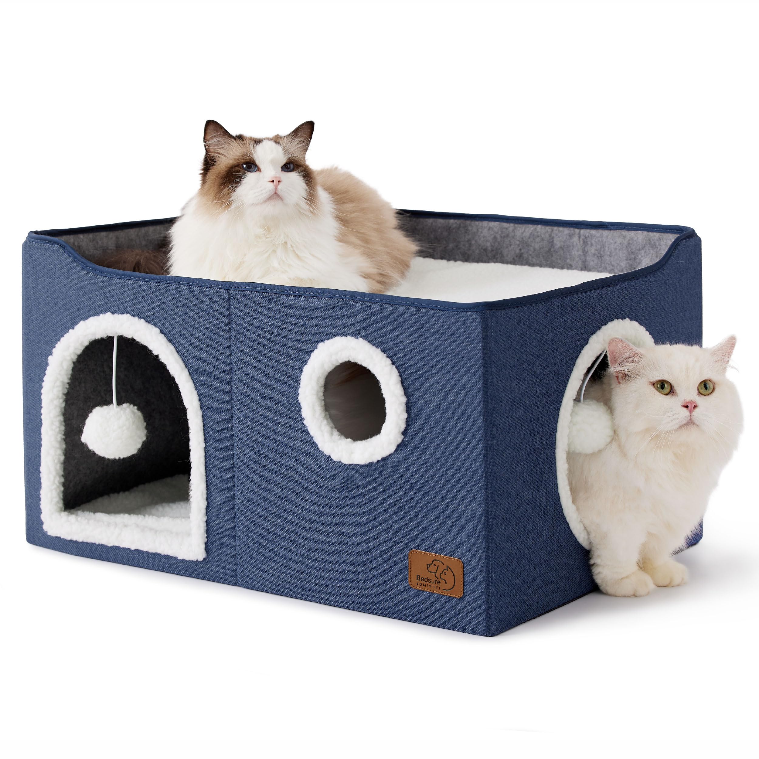 Bedsure Cat Beds for Indoor Cats - Large Cat Cave for Pet Cat House with Fluffy Ball Hanging and Scratch Pad, Foldable Cat Hideaway, 16.5x16.5x13 inches, Grey Gronata