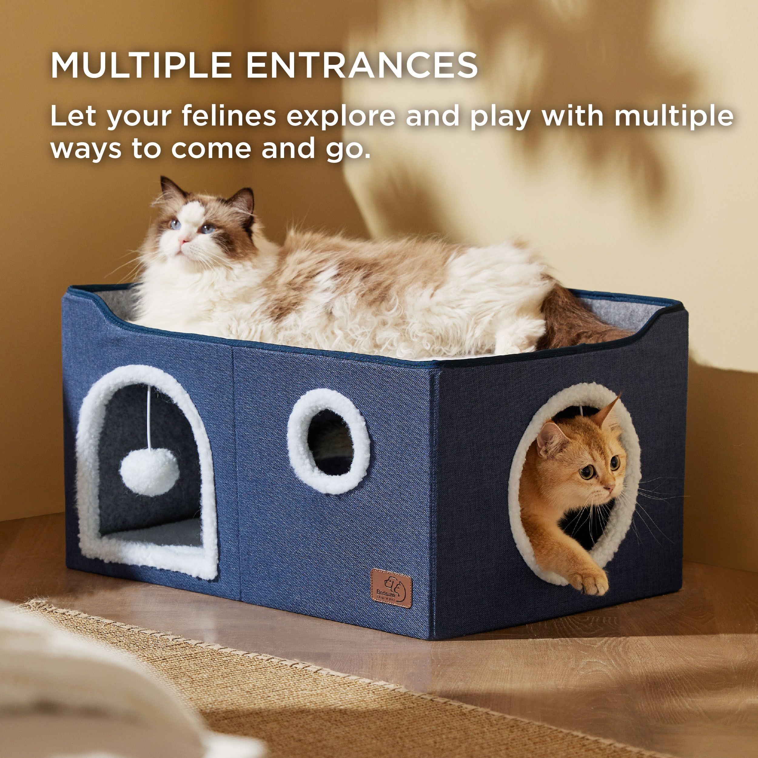 Bedsure Cat Beds for Indoor Cats - Large Cat Cave for Pet Cat House with Fluffy Ball Hanging and Scratch Pad, Foldable Cat Hideaway, 16.5x16.5x13 inches, Grey Gronata
