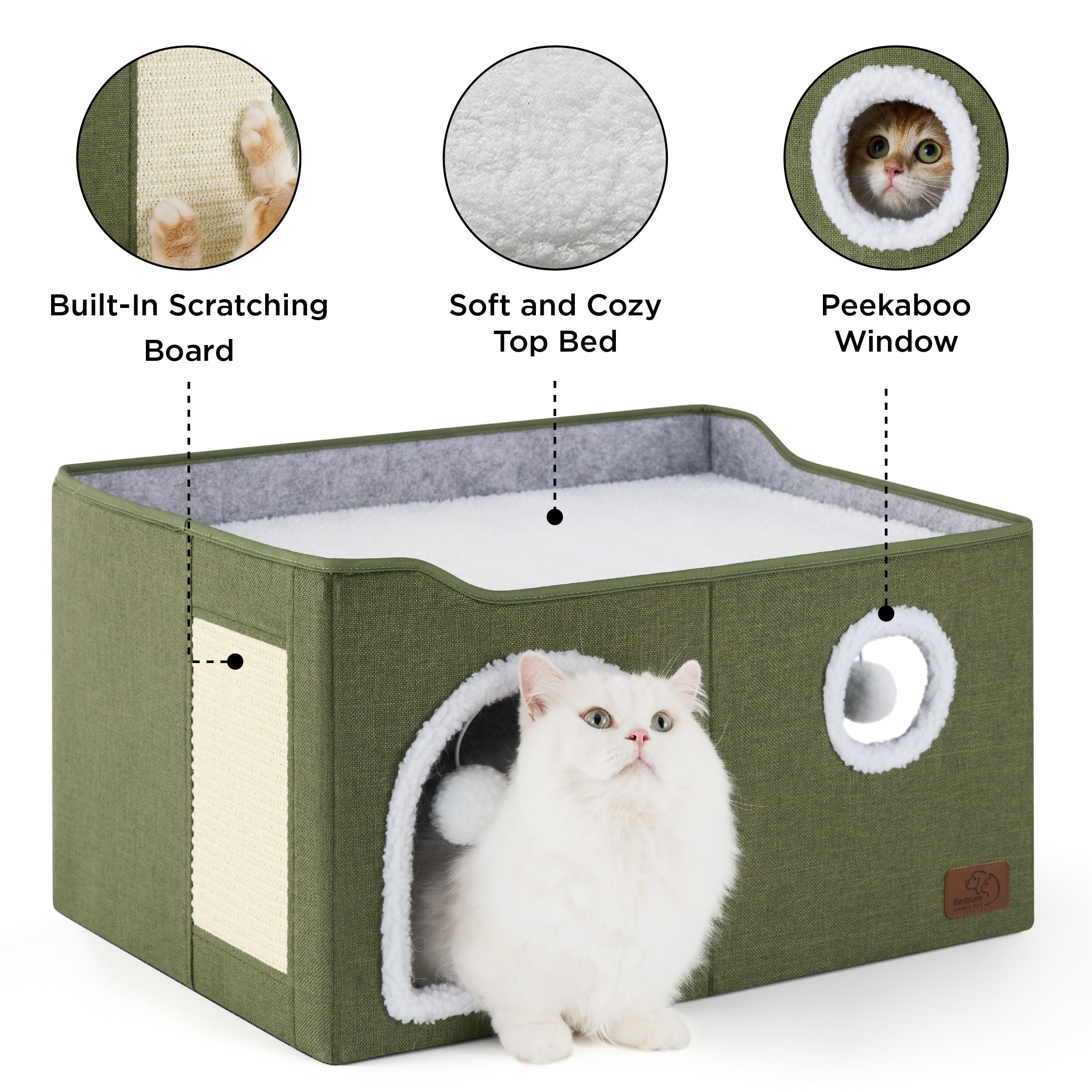 Bedsure Cat Beds for Indoor Cats - Large Cat Cave for Pet Cat House with Fluffy Ball Hanging and Scratch Pad, Foldable Cat Hideaway, 16.5x16.5x13 inches, Grey Gronata