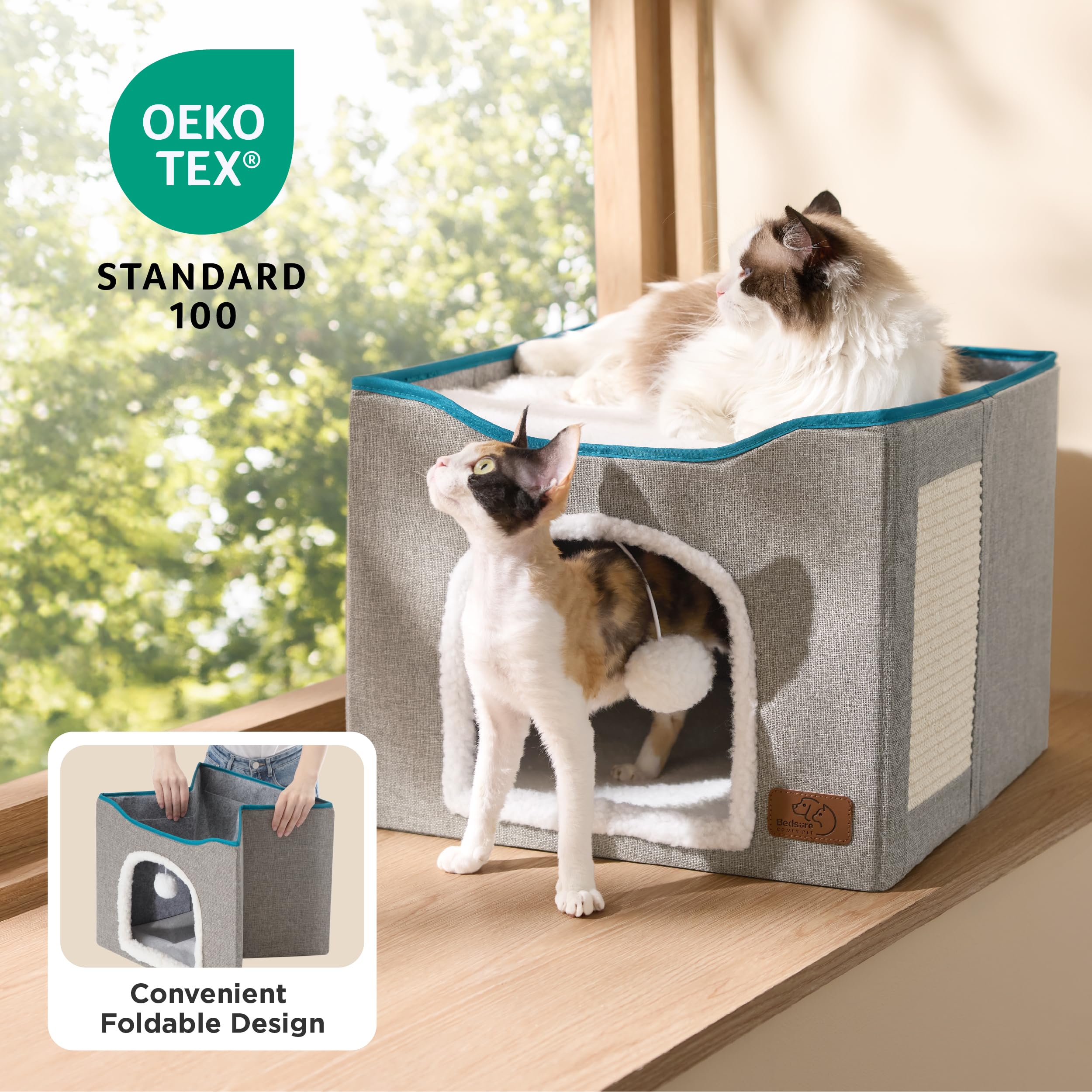 Bedsure Cat Beds for Indoor Cats - Large Cat Cave for Pet Cat House with Fluffy Ball Hanging and Scratch Pad, Foldable Cat Hideaway, 16.5x16.5x13 inches, Grey Gronata