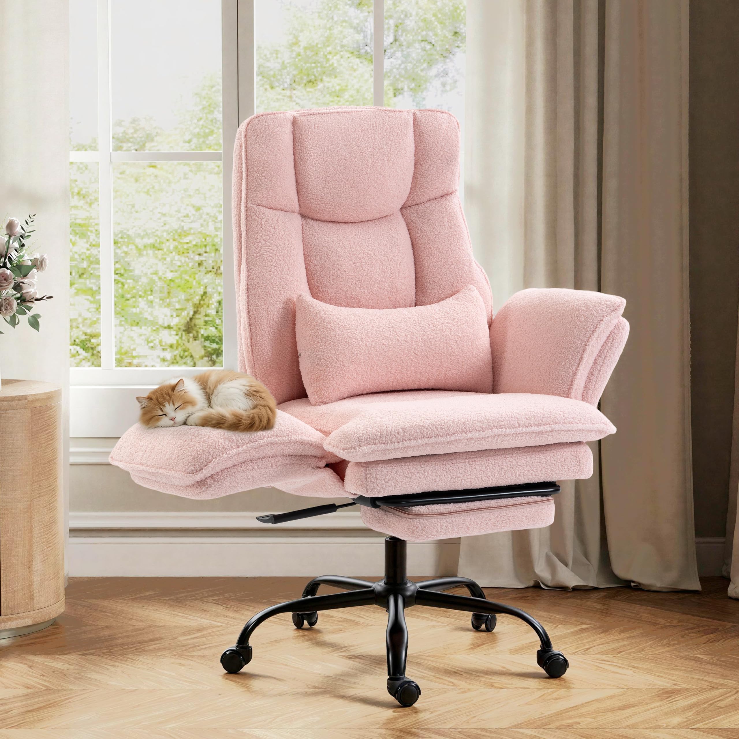 Office Chair,Big and Tall Heavy-Duty Executive Reclining Computer Gaming Chair with Footrest,Flip Armrests,Lumbar Pillow&Thicken Wider Seat for Criss Cross Legged Desk Vanity Chair,Teddy Fabric White Gronata