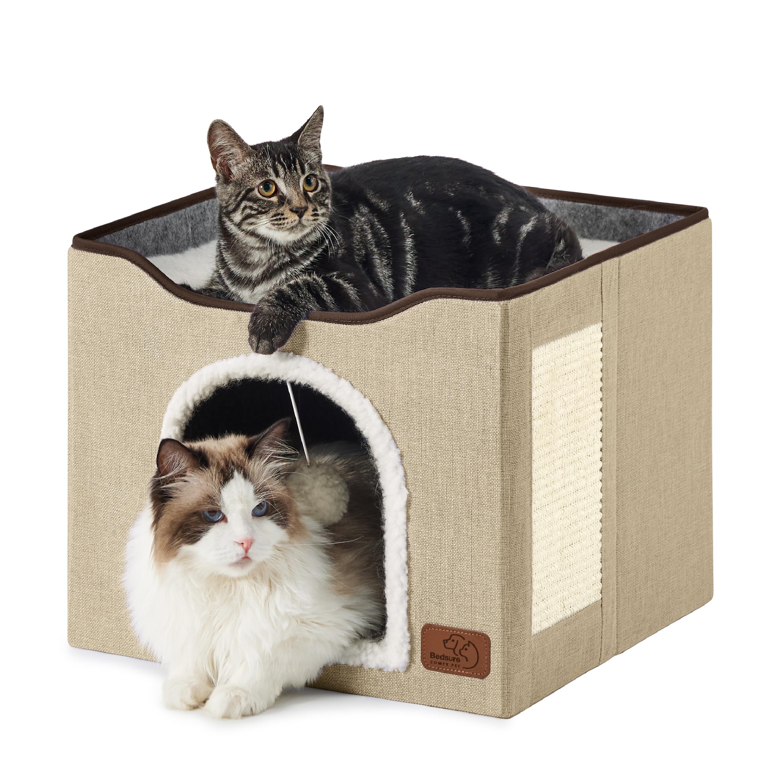 Bedsure Cat Beds for Indoor Cats - Large Cat Cave for Pet Cat House with Fluffy Ball Hanging and Scratch Pad, Foldable Cat Hideaway, 16.5x16.5x13 inches, Grey Gronata
