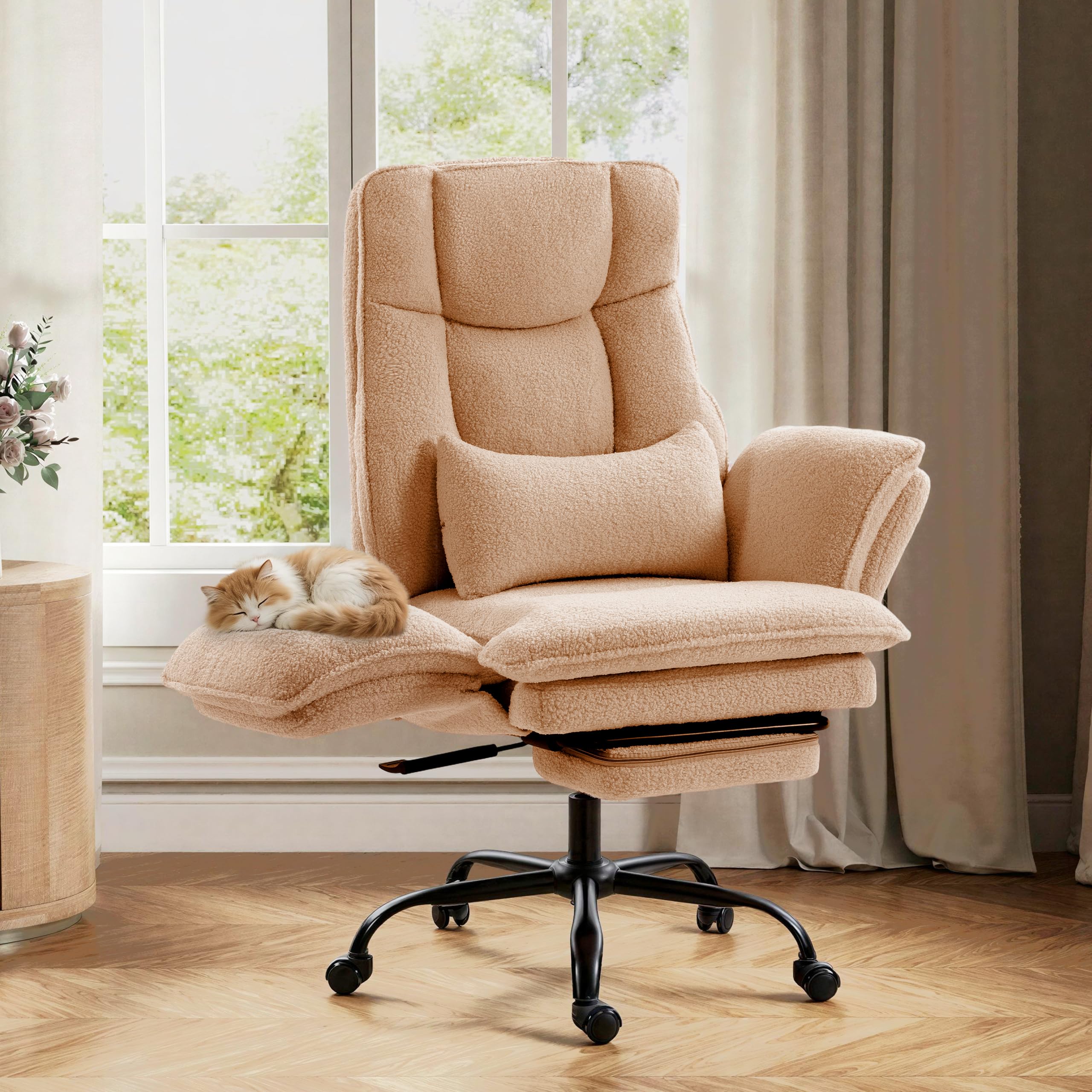 Office Chair,Big and Tall Heavy-Duty Executive Reclining Computer Gaming Chair with Footrest,Flip Armrests,Lumbar Pillow&Thicken Wider Seat for Criss Cross Legged Desk Vanity Chair,Teddy Fabric White Gronata