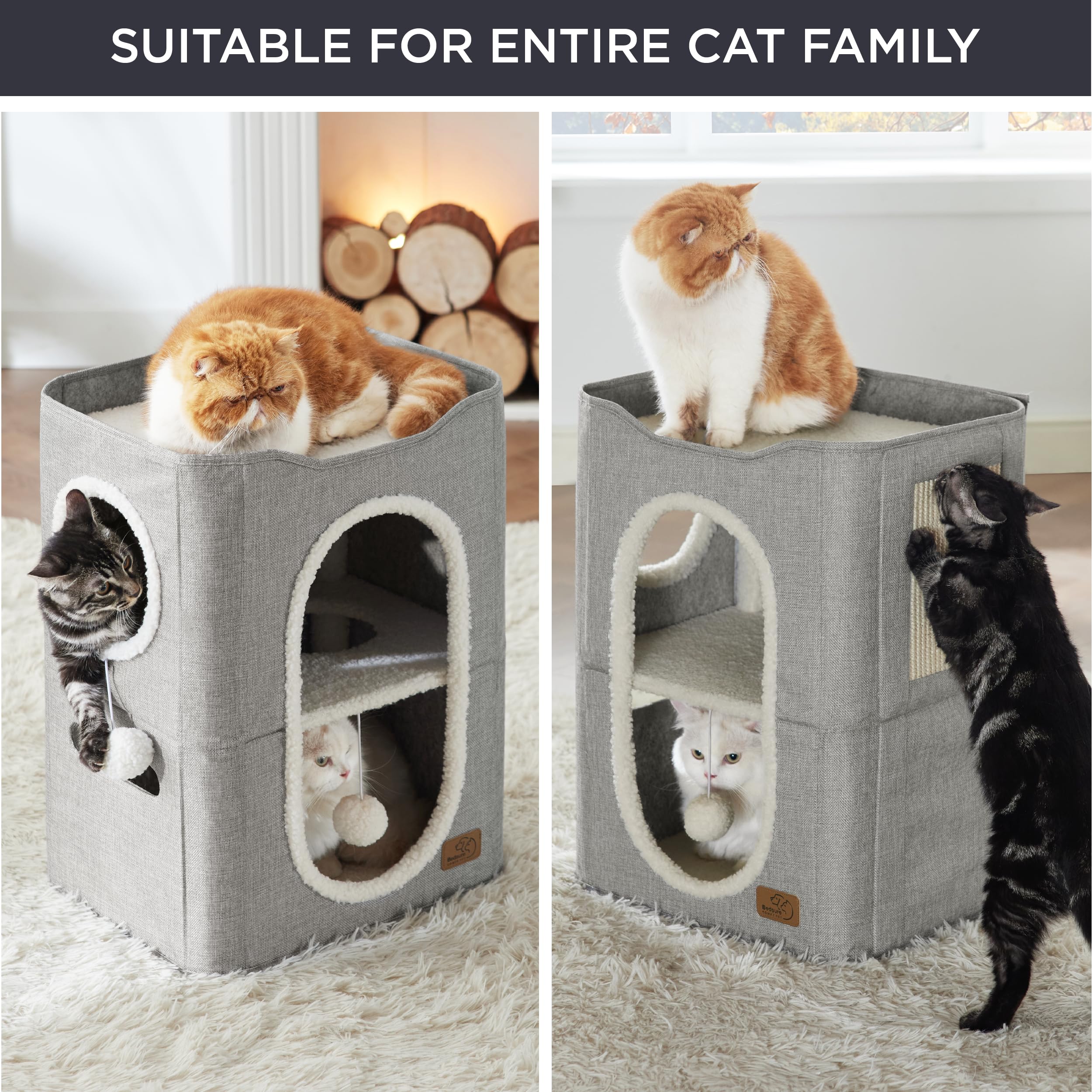 Bedsure Cat Beds for Indoor Cats - Large Cat Cave for Pet Cat House with Fluffy Ball Hanging and Scratch Pad, Foldable Cat Hideaway, 16.5x16.5x13 inches, Grey Gronata