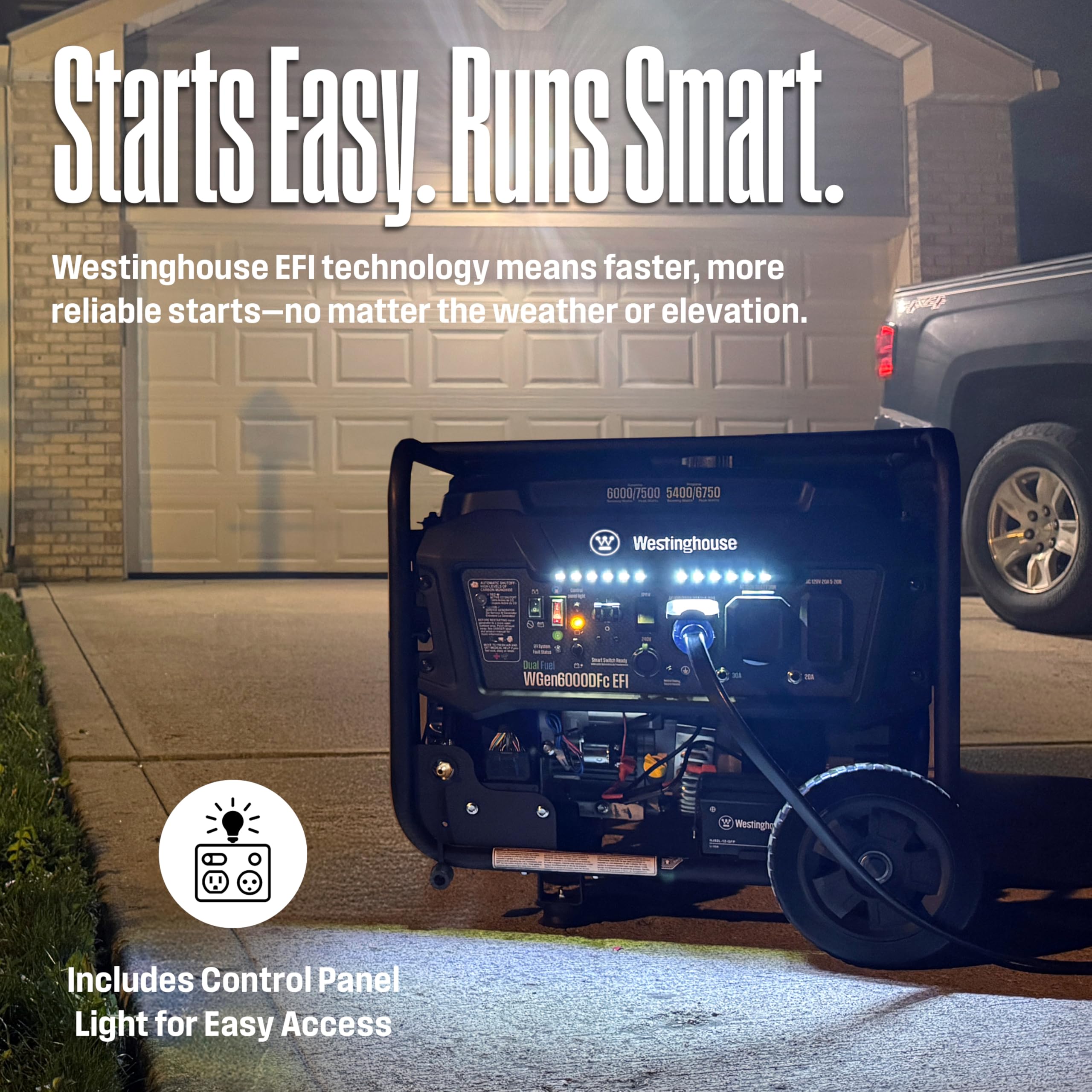 Westinghouse 9500 Peak Watt Dual Fuel Home Backup Portable Generator, Electric Start, Transfer Switch Ready, Gas & Propane Powered, CO Sensor Gronata