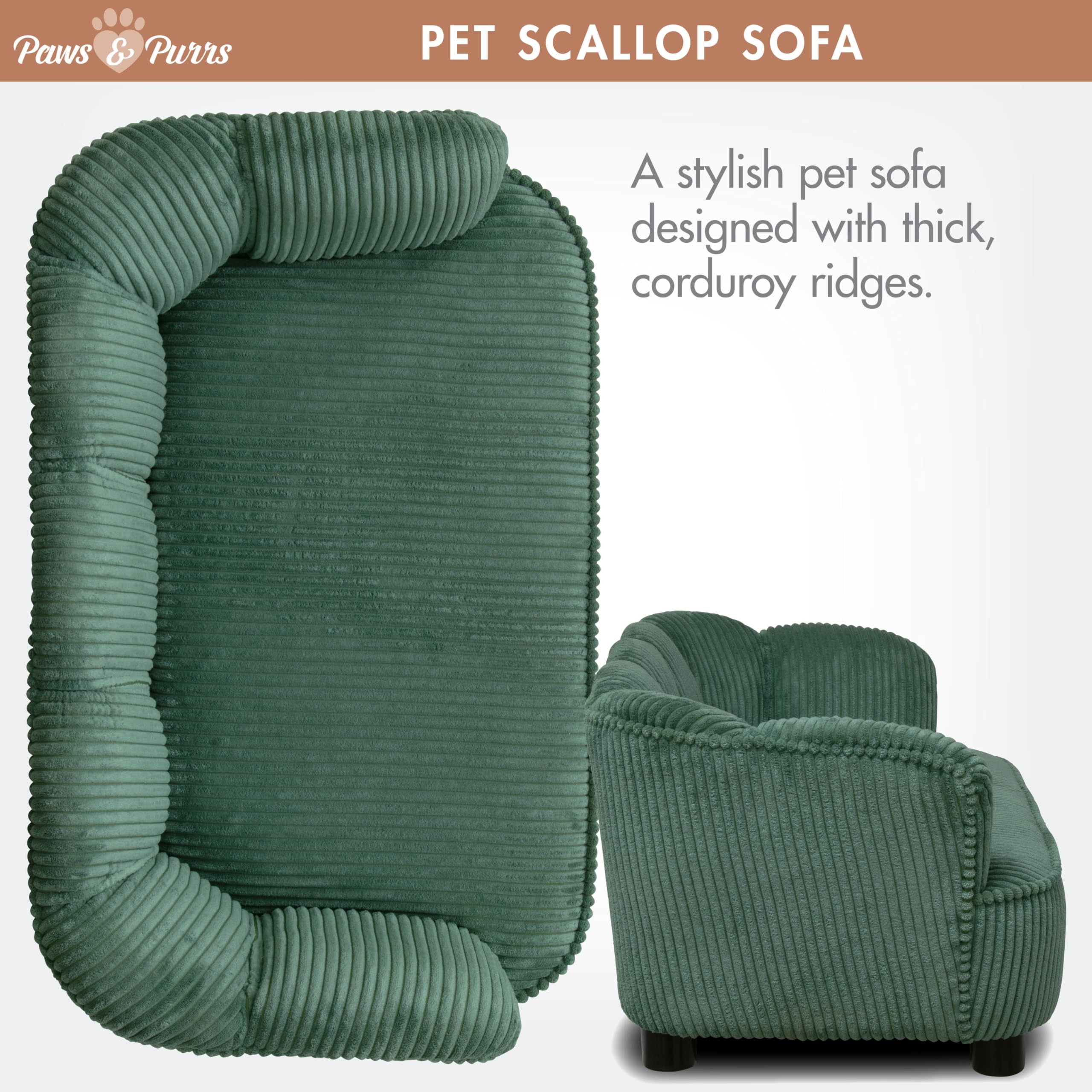Paws & Purrs Retro Scalloped Back Sofa Style Pet Bed, Dog & Cat Couch with Tufted Cushion & Armrest, Stylish Indoor Pet Furniture, Sage Gronata