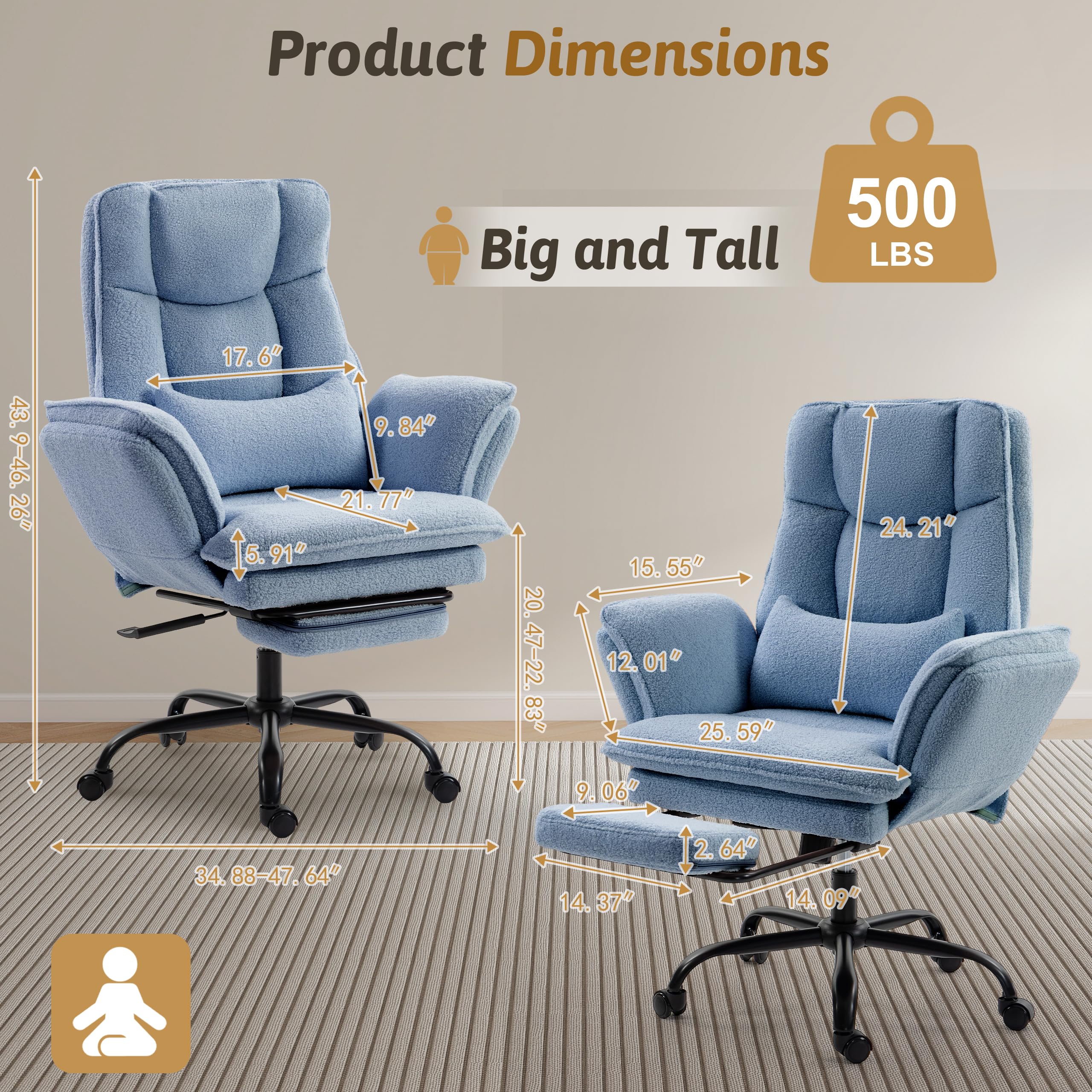 Office Chair,Big and Tall Heavy-Duty Executive Reclining Computer Gaming Chair with Footrest,Flip Armrests,Lumbar Pillow&Thicken Wider Seat for Criss Cross Legged Desk Vanity Chair,Teddy Fabric White Gronata