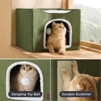 Bedsure Cat Beds for Indoor Cats - Large Cat Cave for Pet Cat House with Fluffy Ball Hanging and Scratch Pad, Foldable Cat Hideaway, 16.5x16.5x13 inches, Grey Gronata