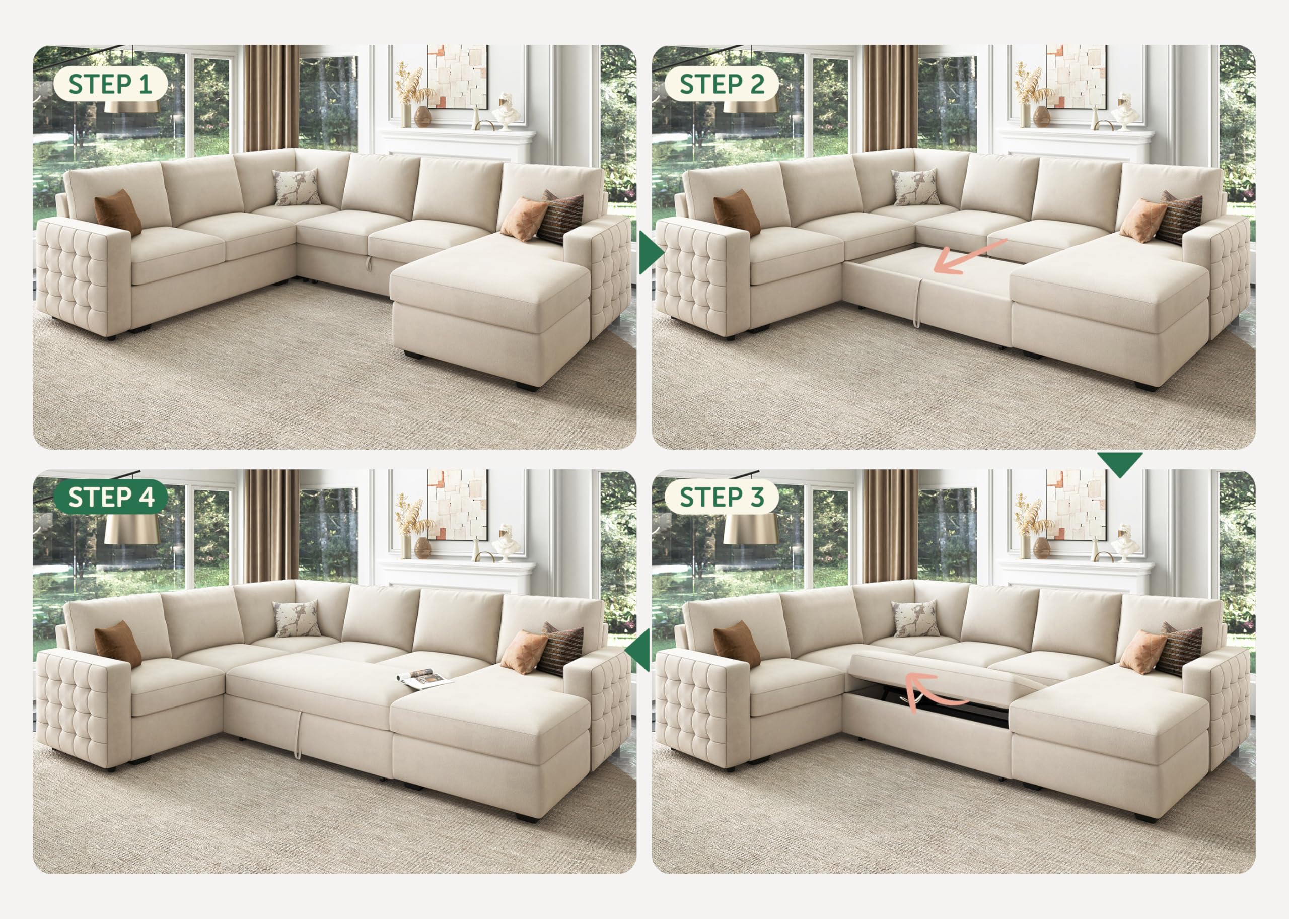 HONBAY Sectional Sleeper Sofa with Pull Out Bed U-Shape Sectional Couch Sleeper Bed with Storage Chaise 6 Seater Sleeper Sectional Sofa, Light Grey Gronata