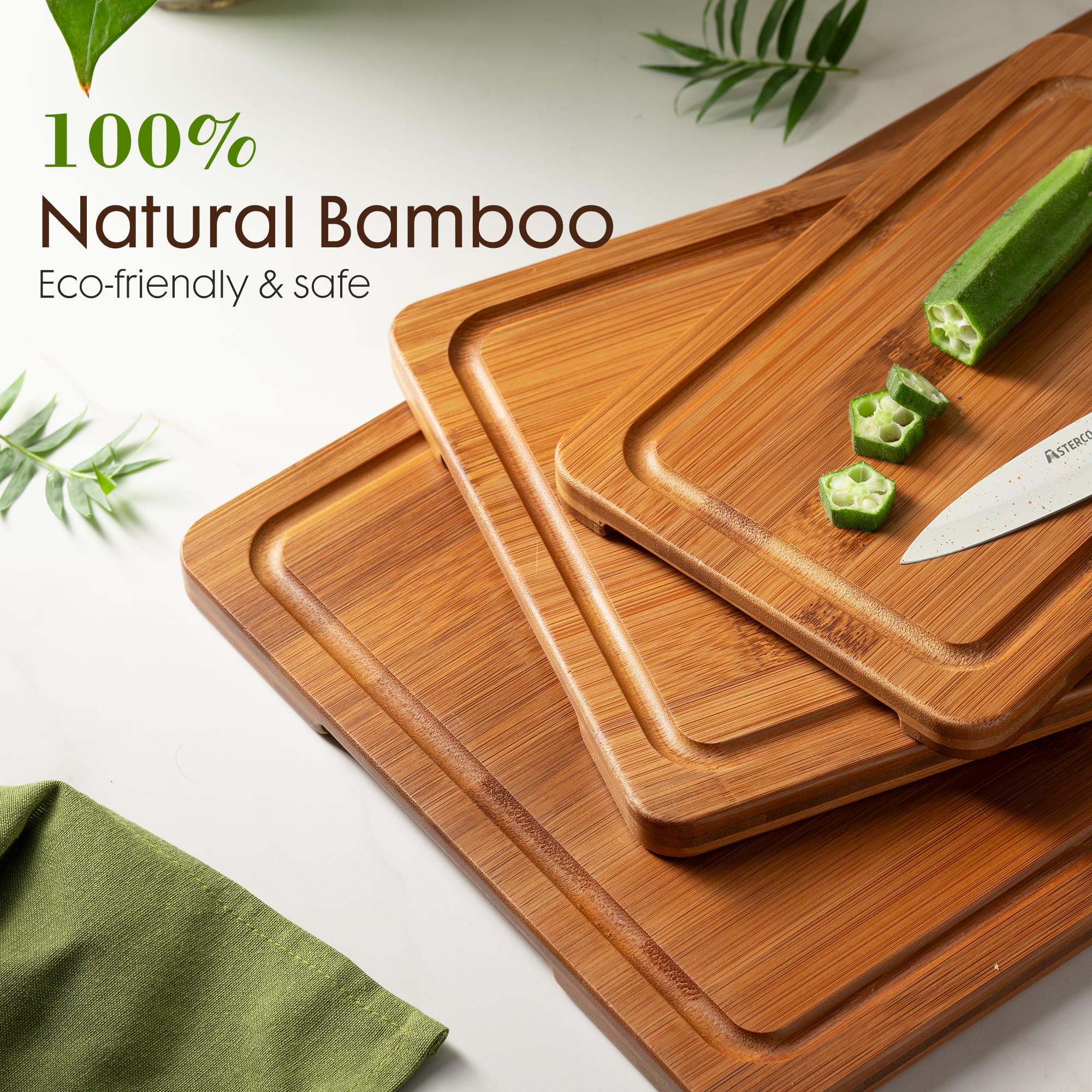 Astercook Deep-Carbonized Bamboo Cutting Boards for Kitchen with Wood Storage Stand, Reversible Charcuterie & Chopping Boards with Juice Grooves and Easy-Grip Handles, Fathers Day Gift for Men Gronata