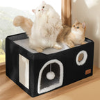 Bedsure Cat Beds for Indoor Cats - Large Cat Cave for Pet Cat House with Fluffy Ball Hanging and Scratch Pad, Foldable Cat Hideaway, 16.5x16.5x13 inches, Grey Gronata