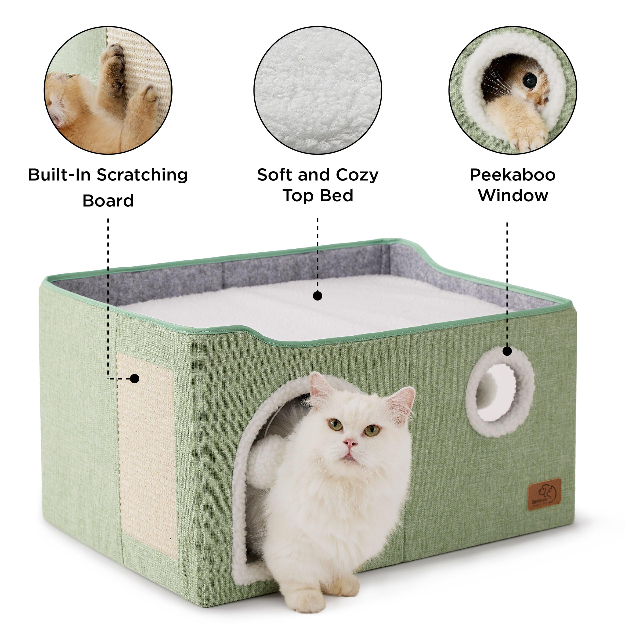 Bedsure Cat Beds for Indoor Cats - Large Cat Cave for Pet Cat House with Fluffy Ball Hanging and Scratch Pad, Foldable Cat Hideaway, 16.5x16.5x13 inches, Grey Gronata