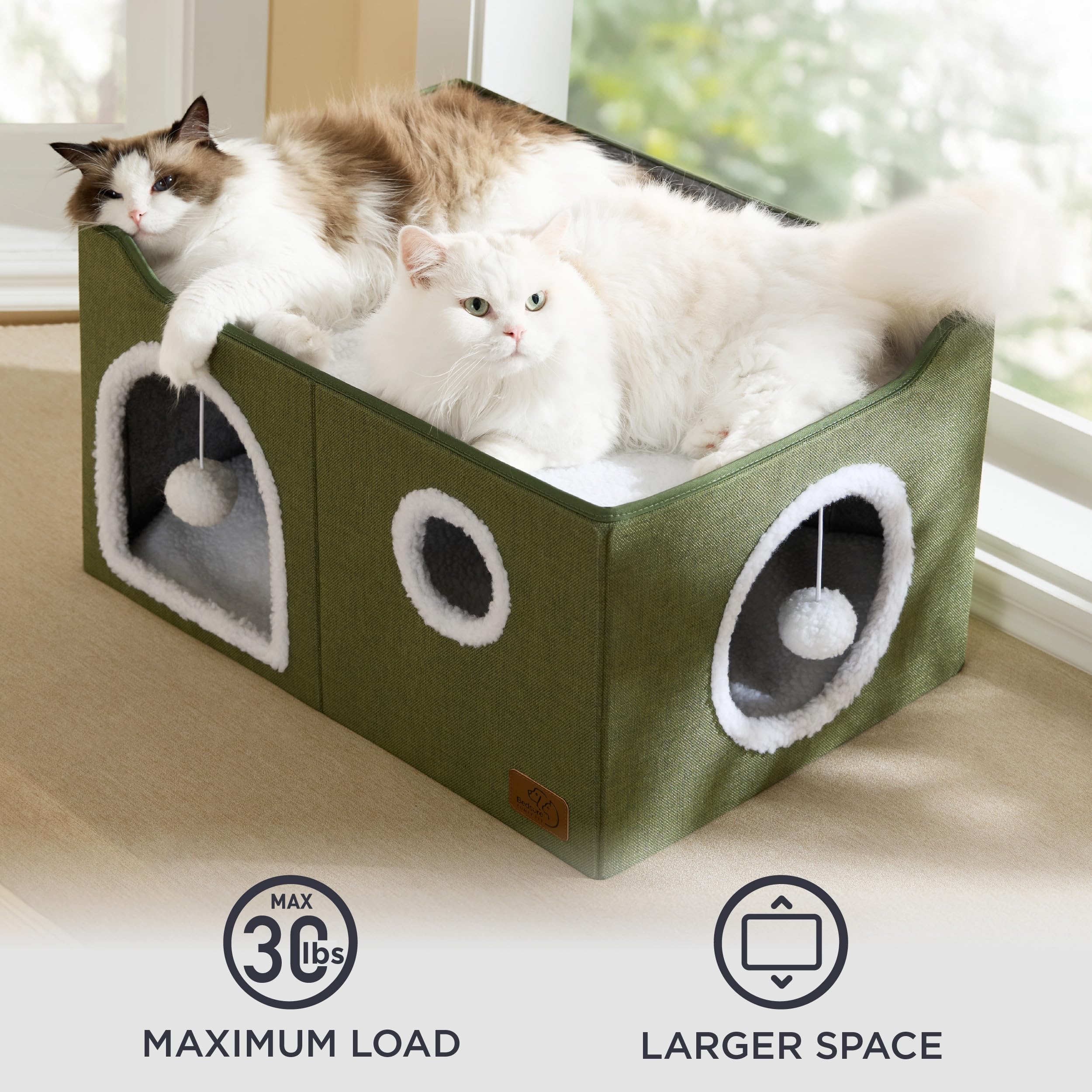 Bedsure Cat Beds for Indoor Cats - Large Cat Cave for Pet Cat House with Fluffy Ball Hanging and Scratch Pad, Foldable Cat Hideaway, 16.5x16.5x13 inches, Grey Gronata