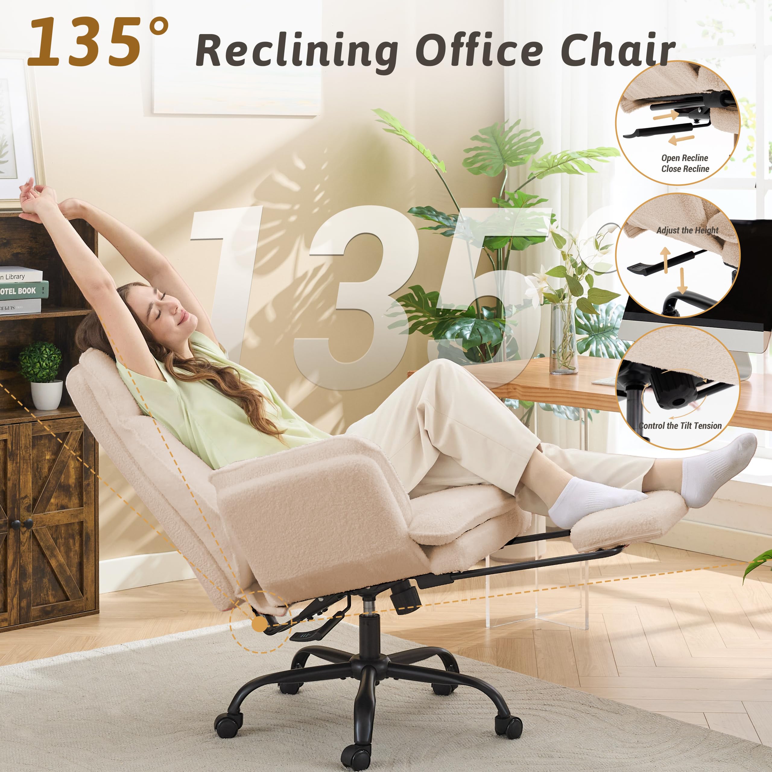 Office Chair,Big and Tall Heavy-Duty Executive Reclining Computer Gaming Chair with Footrest,Flip Armrests,Lumbar Pillow&Thicken Wider Seat for Criss Cross Legged Desk Vanity Chair,Teddy Fabric White Gronata